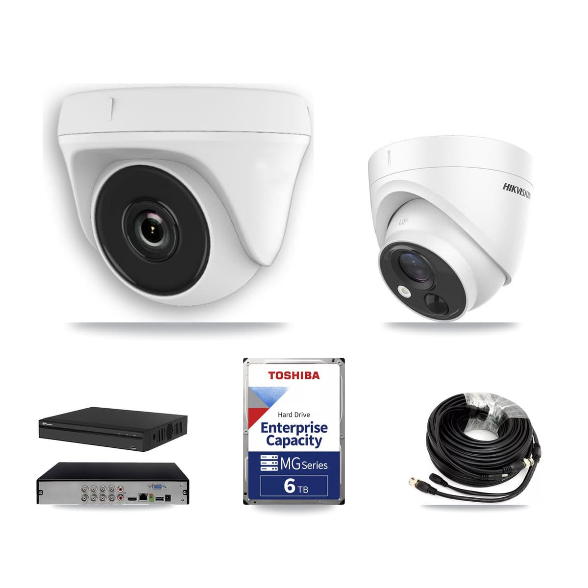 Hikvision & Prolux 8-Channel 2MP – 5MP CCTV Kit — 2 DS-2CE71H0T 5MP Turret + 5 White HDT-2MP-N20W 2MP Dome Cameras + 6TB Recording (PXD-5108HS Recorder) - Image 1