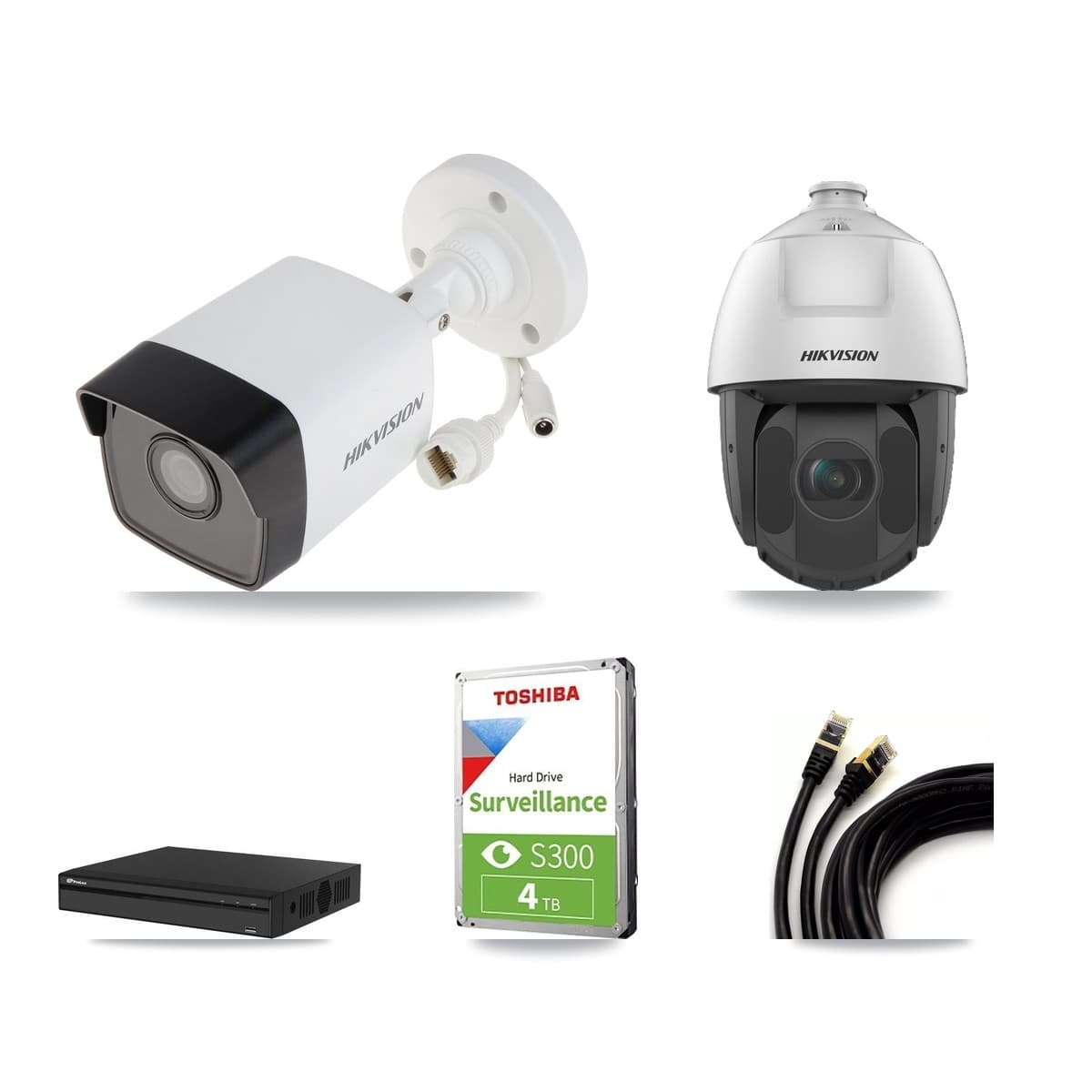 Hikvision & Prolux 4-Channel 2MP – 5MP CCTV Kit — 2 5MP Bullet + 1 2MP PTZ Cameras + 4TB Recording