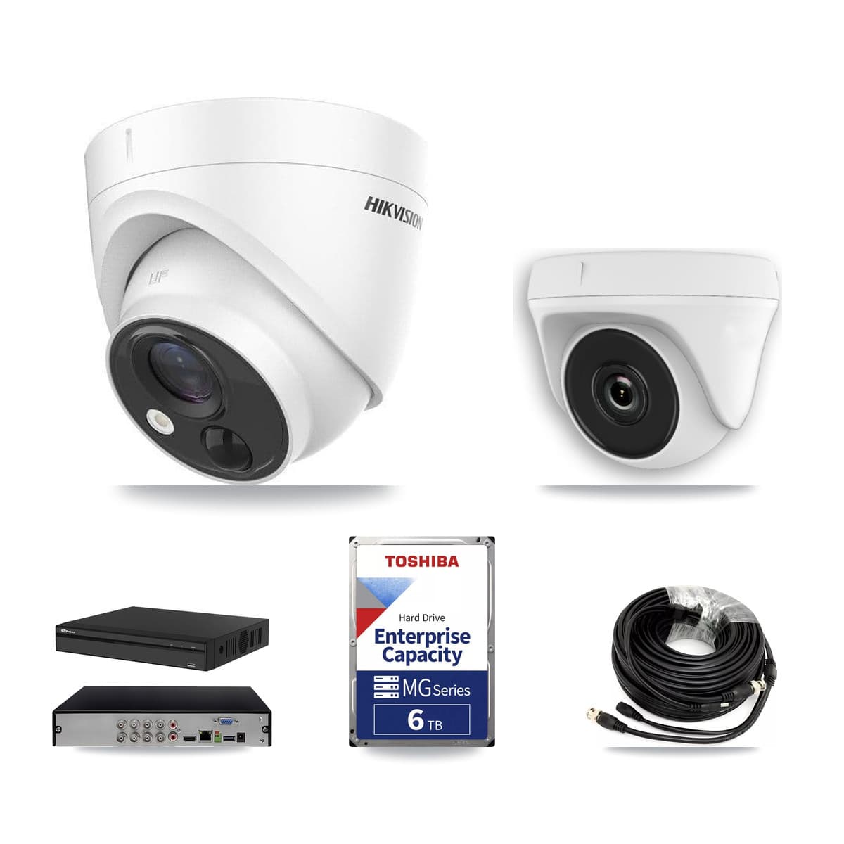 Hikvision & Prolux 8-Channel 2MP – 5MP CCTV Kit — 3 DS-2CE71H0T 5MP Turret + 3 White HDT-2MP-N20W 2MP Dome Cameras + 6TB Recording (PXD-5108HS Recorder) - Image 1