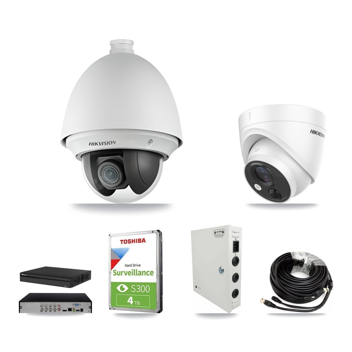 Hikvision & Prolux 8-Channel 2MP – 5MP CCTV Kit — 2 DS-2AE4225T 2MP PTZ + 2 DS-2CE71H0T 5MP Turret Cameras + 4TB Recording (PXD-5108HS Recorder) - Image 1