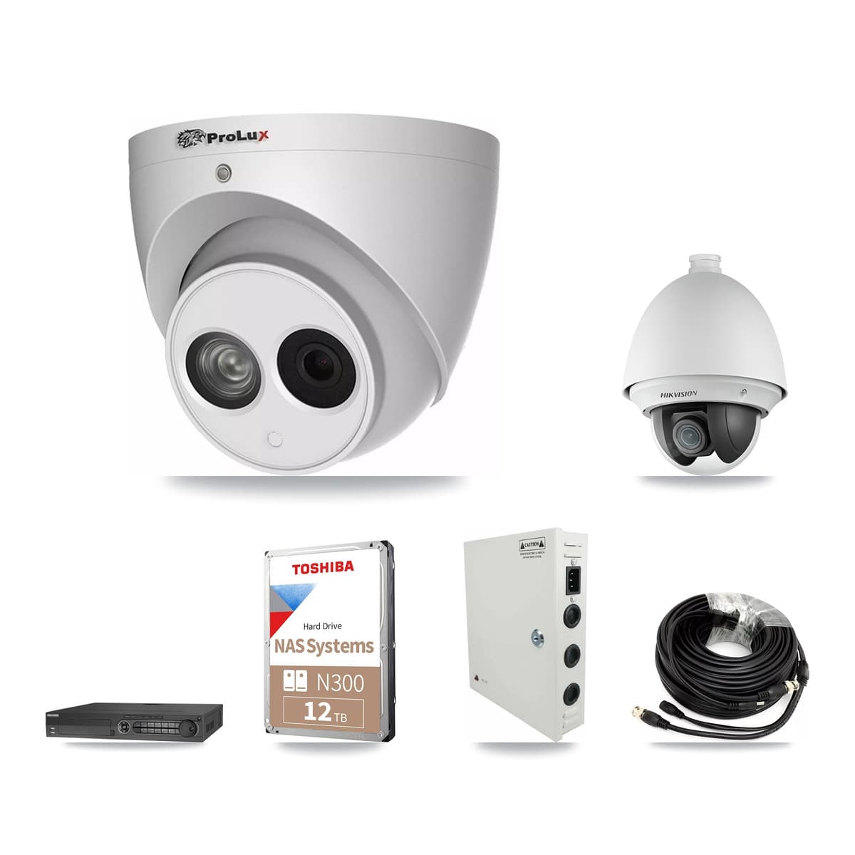 Hikvision & Prolux 32-Channel 2MP – 4MP CCTV Kit — 7 DS-2AE4225T 2MP PTZ + 15 PXC-612C4W-A 4MP Turret Cameras + 2× 12TB Recording (IDS-7332HUHI Recorder) - Image 1
