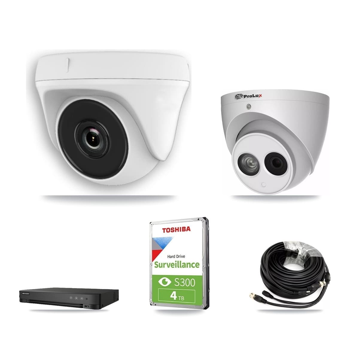 Prolux & Hikvision 8-Channel 2MP – 4MP CCTV Kit — 4 White HDT-2MP-N20W-2.8MM 2MP Dome + 1 PXC-612C4W-A-POC 4MP Turret Cameras + 4TB Recording (IDS-7208HUHI-M1/E Recorder) - Image 1