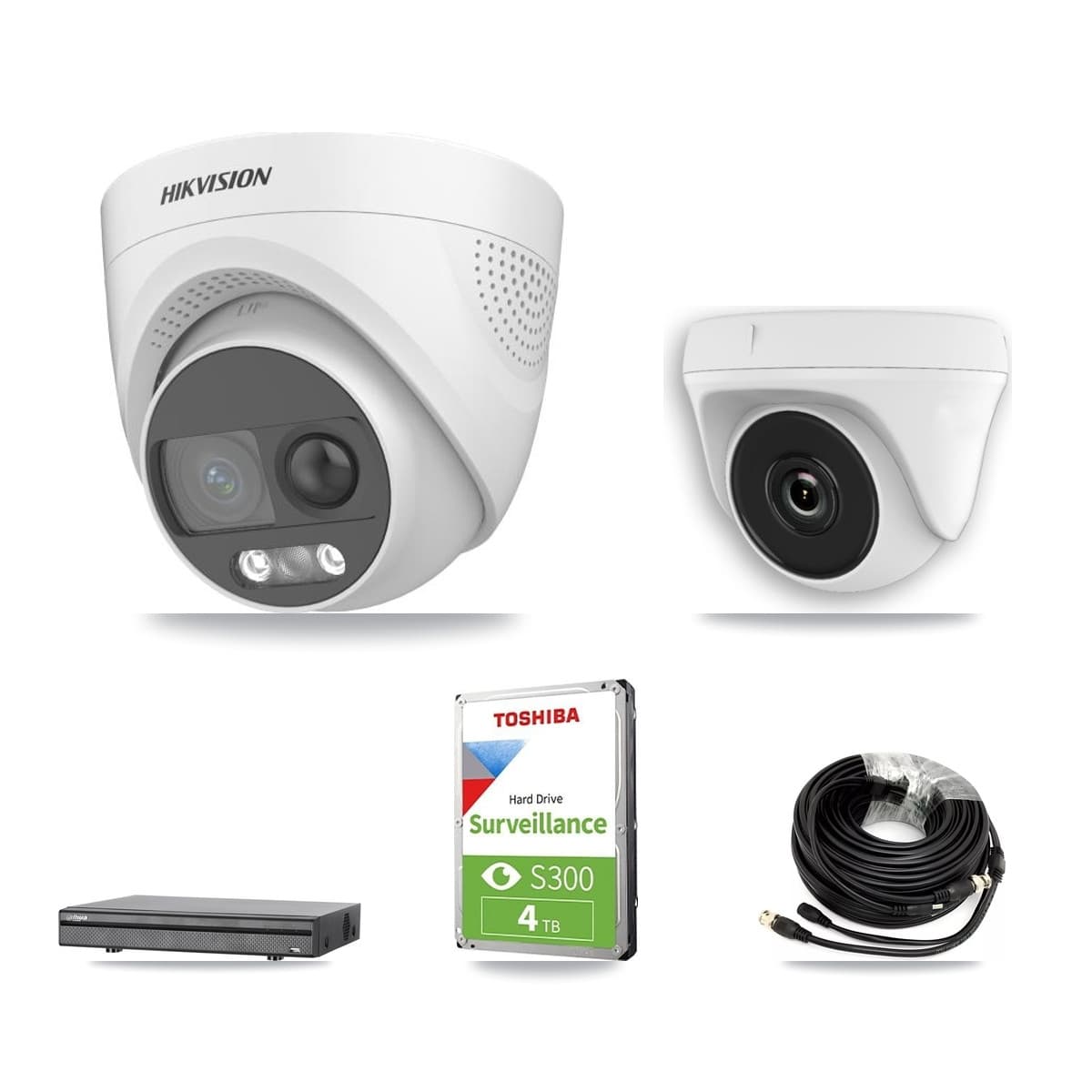 Hikvision & Dahua 8-Channel 2MP – 5MP CCTV Kit — 2 DS-2CE72KF3T 5MP Turret + 2 White HDT-2MP-N20W 2MP Dome Cameras + 4TB Recording (DH-XVR5108H Recorder) - Image 1