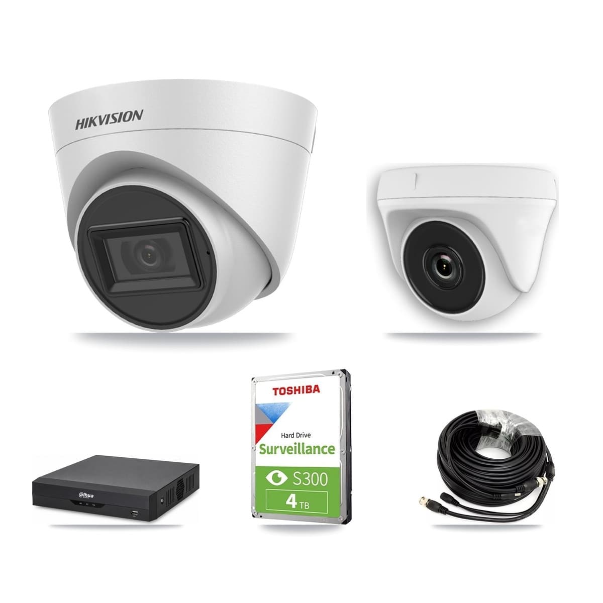 Hikvision & Dahua 4-Channel 2MP – 5MP CCTV Kit — 1 White 5MP Turret + 1 White 2MP Dome Cameras + 4TB Recording - Image 1