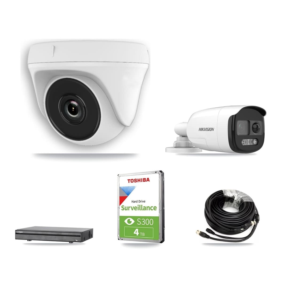 Hikvision & Dahua 8-Channel 2MP – 5MP CCTV Kit — 1 DS-2CE12KF3T 5MP Bullet + 4 White HDT-2MP-N20W 2MP Dome Cameras + 4TB Recording (DH-XVR5108H Recorder) - Image 1