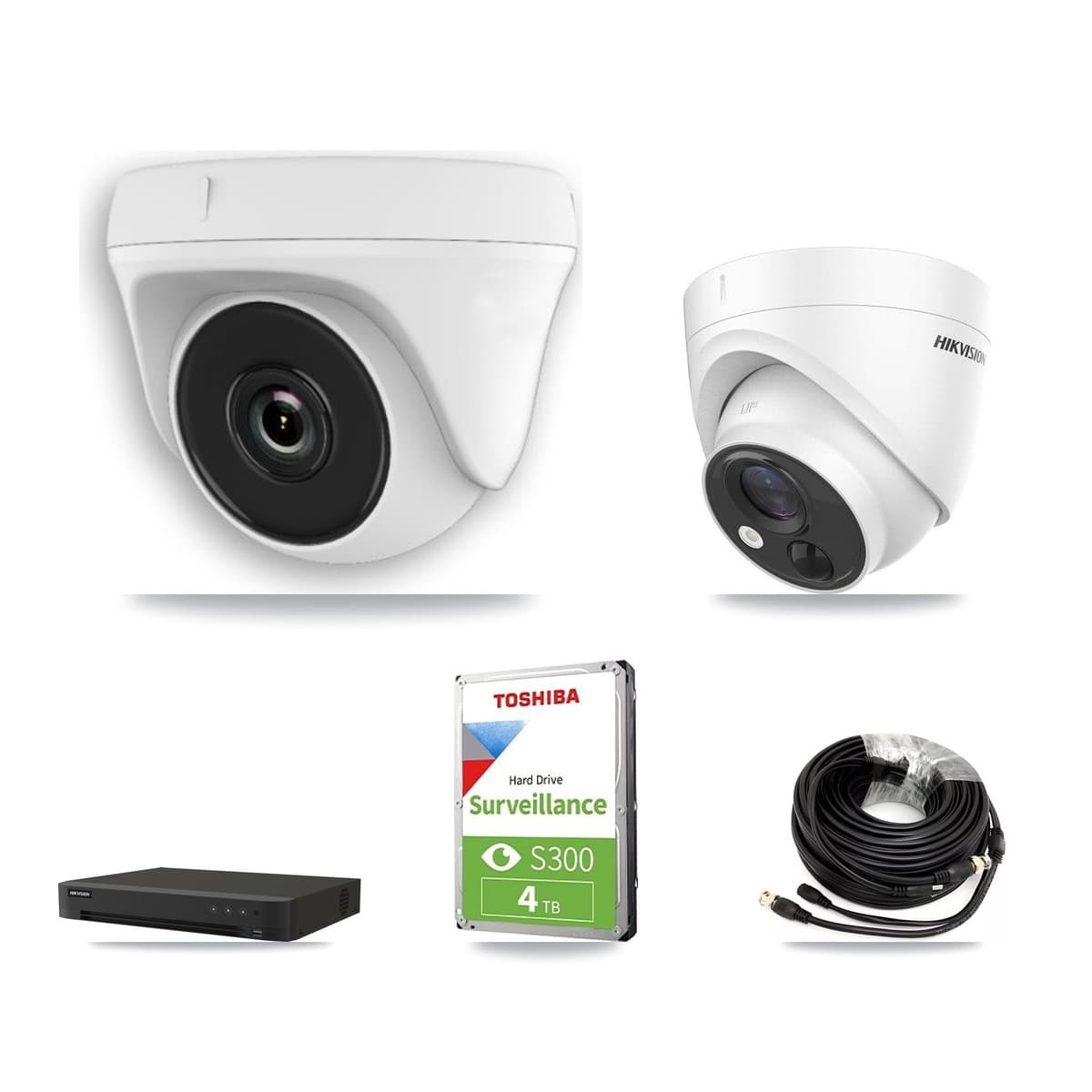 Hikvision 8-Channel 2MP – 5MP CCTV Kit — 1 DS-2CE71H0T-PIRLO 5MP Turret + 3 White HDT-2MP-N20W-2.8MM 2MP Dome Cameras + 4TB Recording (IDS-7208HUHI-M1/XT Recorder) - Image 1