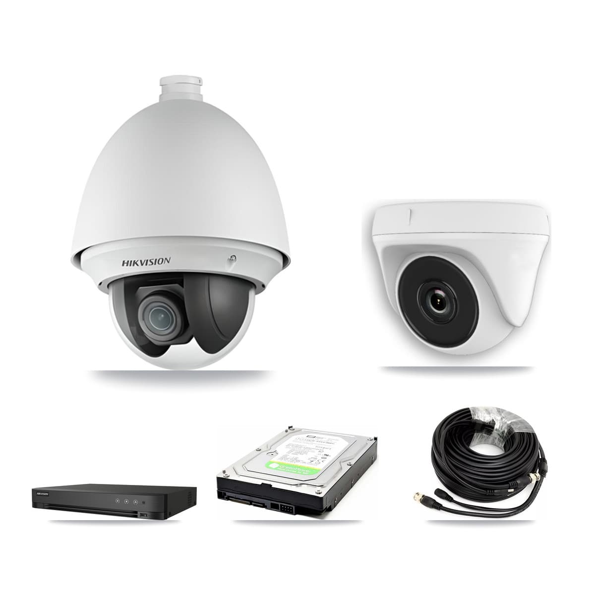 Hikvision 4-Channel 2MP CCTV Kit — 1 DS-2AE4225T PTZ + 1 White HDT-2MP-N20W Dome Cameras + 1TB Recording (DS-7204HUHI Recorder) - Image 1