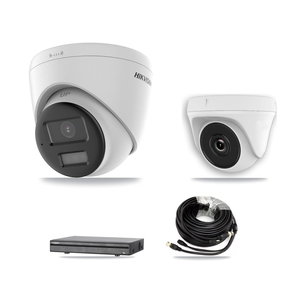 Hikvision & Dahua 8-Channel 2MP – 4K CCTV Kit — 3 DS-2CE78U0T 4K Turret + 1 White HDT-2MP-N20W 2MP Dome Cameras + 8TB Recording (DH-XVR5108H Recorder)