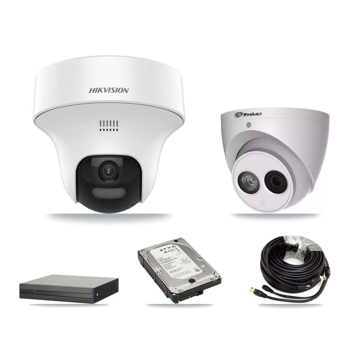 Hikvision & Prolux 4-Channel 4MP – 5MP CCTV Kit — 3 DS-2CE70K0T 5MP + 1 PXC-612C4W-A 4MP Turret Cameras + 5TB Recording (XVR-3104HS Recorder)