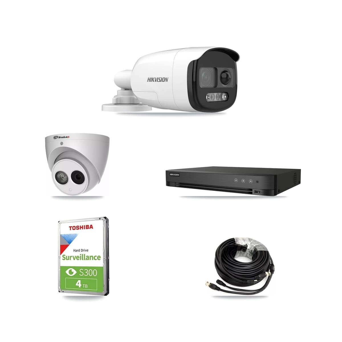 Hikvision & Prolux 4-Channel 4MP – 5MP CCTV Kit — 1 DS-2CE12KF3T 5MP Bullet + 1 PXC-612C4W-A 4MP Turret Cameras + 4TB Recording (DS-7204HUHI Recorder) - Image 1