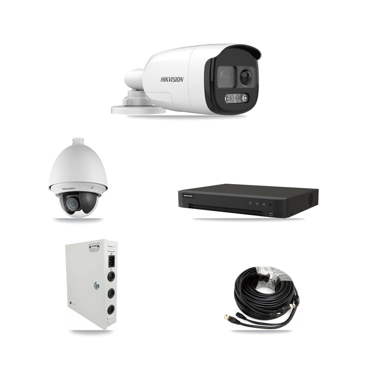 Hikvision 8-Channel 2MP – 5MP CCTV Kit — 1 DS-2AE4225T-A 2MP PTZ + 5 DS-2CE12KF3T-PIRXO 5MP Bullet Cameras + 8TB Recording (IDS-7208HUHI-M1/XT Recorder) - Image 1