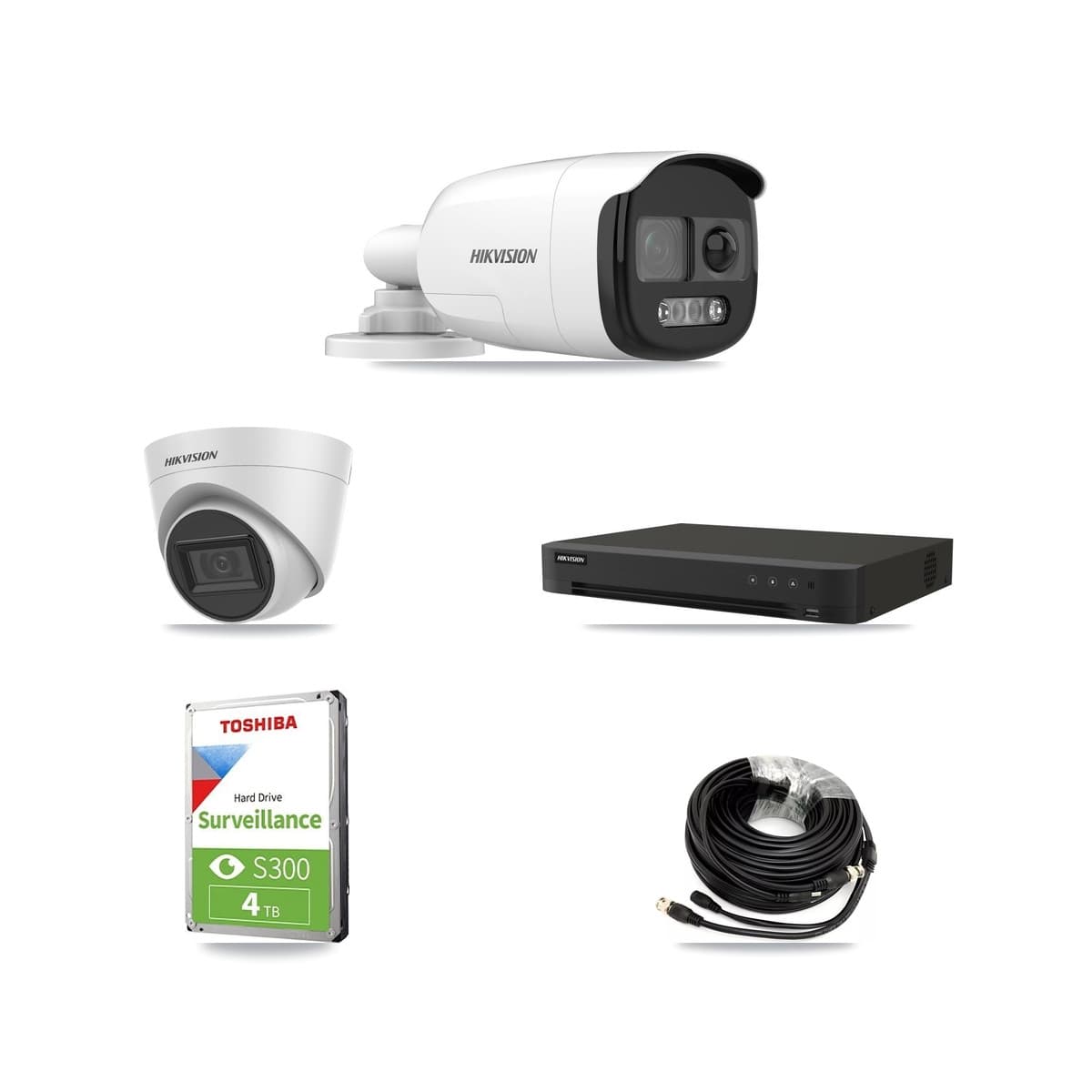 Hikvision 8-Channel 5MP CCTV Kit — 1 DS-2CE12KF3T-PIRXO Bullet + 1 White DS-2CE78H0T-IT3FS Turret Cameras + 4TB Recording (IDS-7208HUHI-M1/XT Recorder) - Image 1