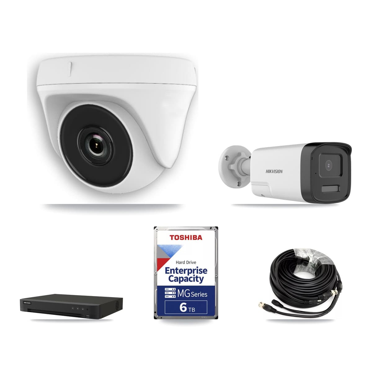 Hikvision 8-Channel 2MP – 5MP CCTV Kit — 2 DS-2CE17K0T-LXTS 5MP Bullet + 6 White HDT-2MP-N20W-2.8MM 2MP Dome Cameras + 6TB Recording (IDS-7208HUHI-M1/XT Recorder) - Image 1