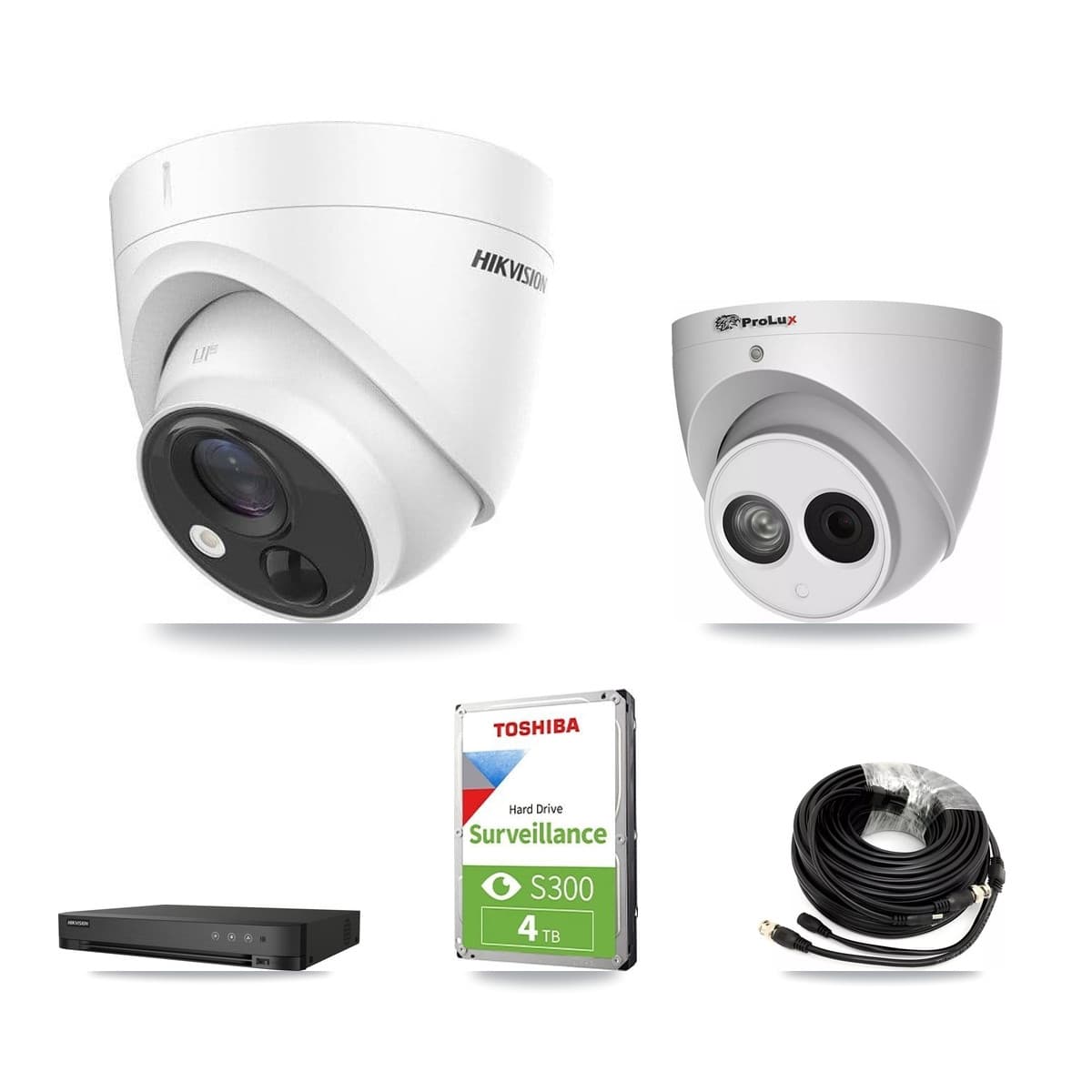 Hikvision & Prolux 4-Channel 4MP – 5MP CCTV Kit — 1 DS-2CE71H0T 5MP + 1 PXC-612C4W-A 4MP Turret Cameras + 4TB Recording (IDS-7204HQHI Recorder) - Image 1