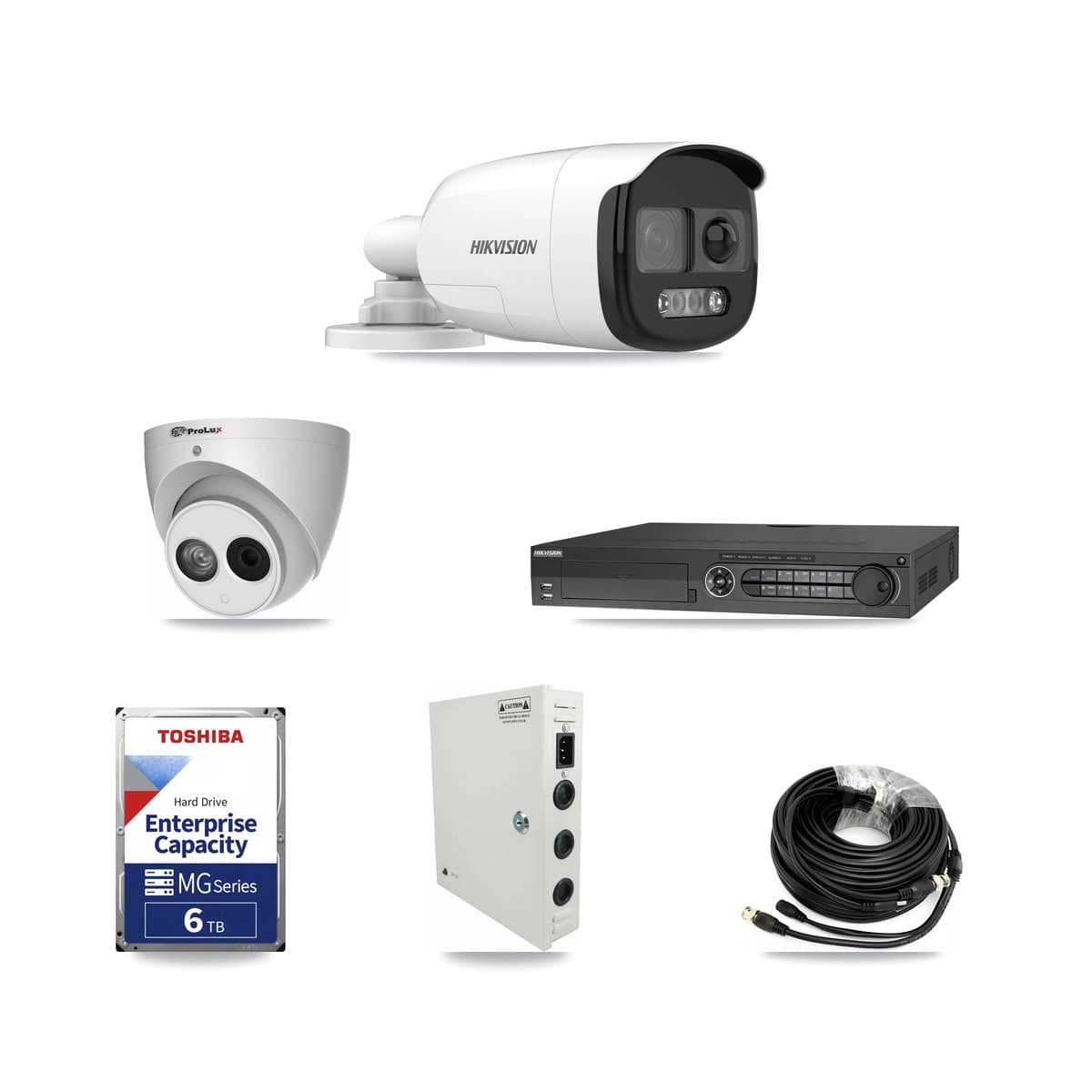 Hikvision & Prolux 32-Channel 4MP – 5MP CCTV Kit — 8 DS-2CE12KF3T 5MP Bullet + 1 PXC-612C4W-A 4MP Turret Cameras + 2× 6TB Recording - Image 1