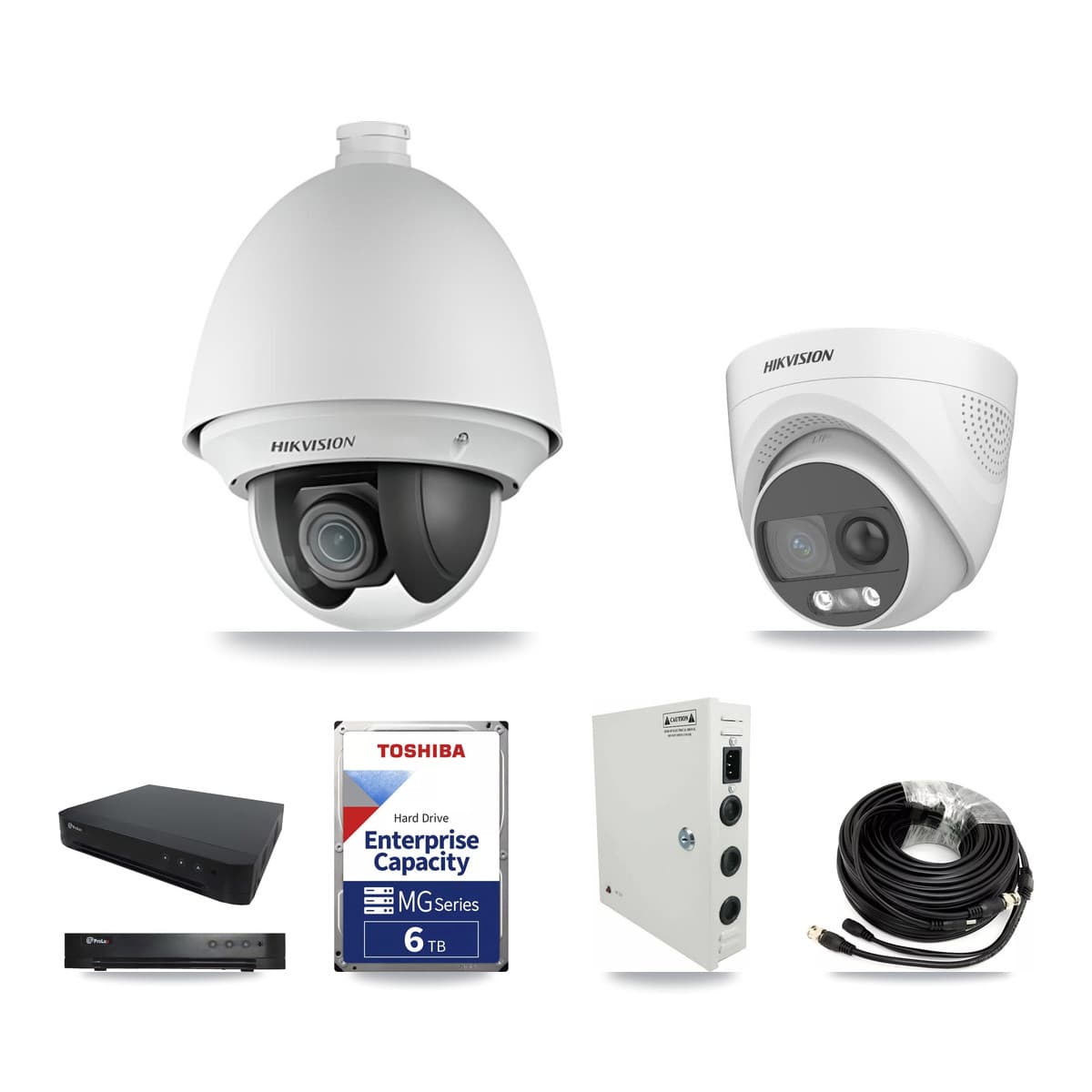 Hikvision & Prolux 16-Channel 2MP – 5MP CCTV Kit — 3 DS-2AE4225T 2MP PTZ + 3 DS-2CE72KF3T 5MP Turret Cameras + 6TB Recording - Image 1