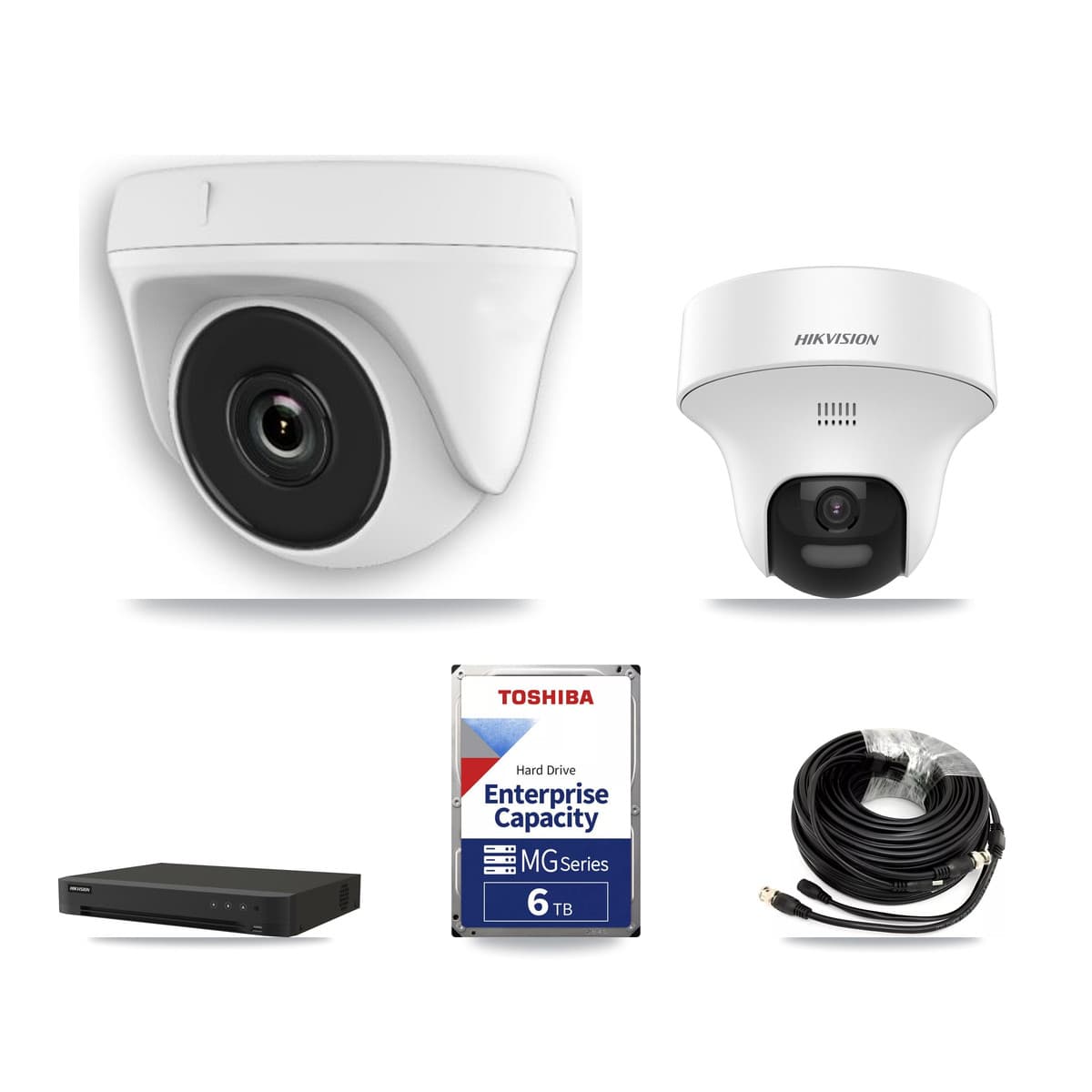 Hikvision 8-Channel 2MP – 5MP CCTV Kit — 1 DS-2CE70K0T-PTLTS 5MP Turret + 7 White HDT-2MP-N20W-2.8MM 2MP Dome Cameras + 6TB Recording (IDS-7208HUHI-M1/XT Recorder) - Image 1