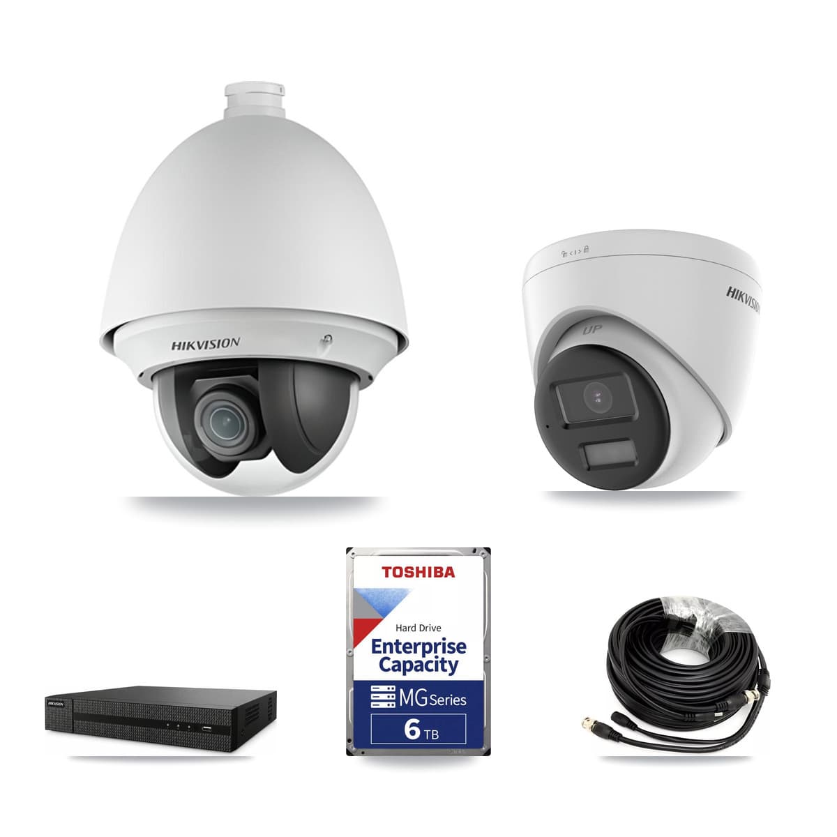 Hikvision 8-Channel 2MP – 4K CCTV Kit — 1 DS-2AE4225T 2MP PTZ + 1 DS-2CE78U0T 4K Turret Cameras + 6TB Recording
