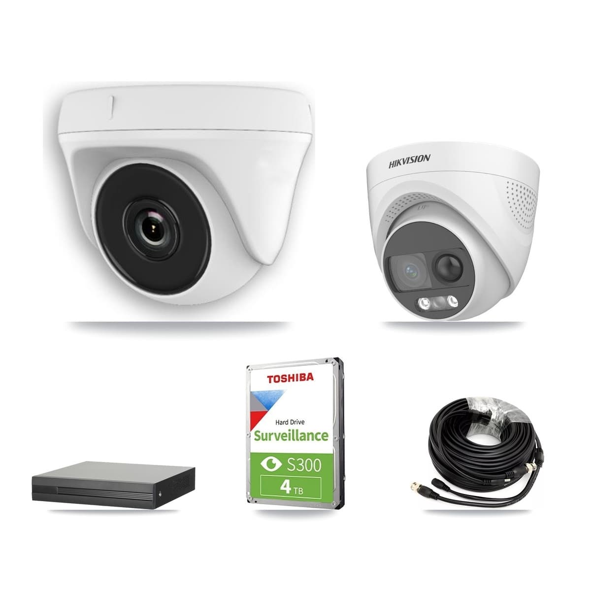 Hikvision 4-Channel 2MP – 5MP CCTV Kit — 1 DS-2CE72KF3T 5MP Turret + 3 White HDT-2MP-N20W 2MP Dome Cameras + 4TB Recording (XVR-3104HS Recorder)