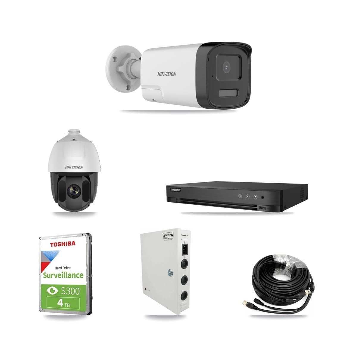 Hikvision 4-Channel 2MP – 5MP CCTV Kit — 1 DS-2AE5225TI 2MP PTZ + 2 DS-2CE17K0T 5MP Bullet Cameras + 4TB Recording