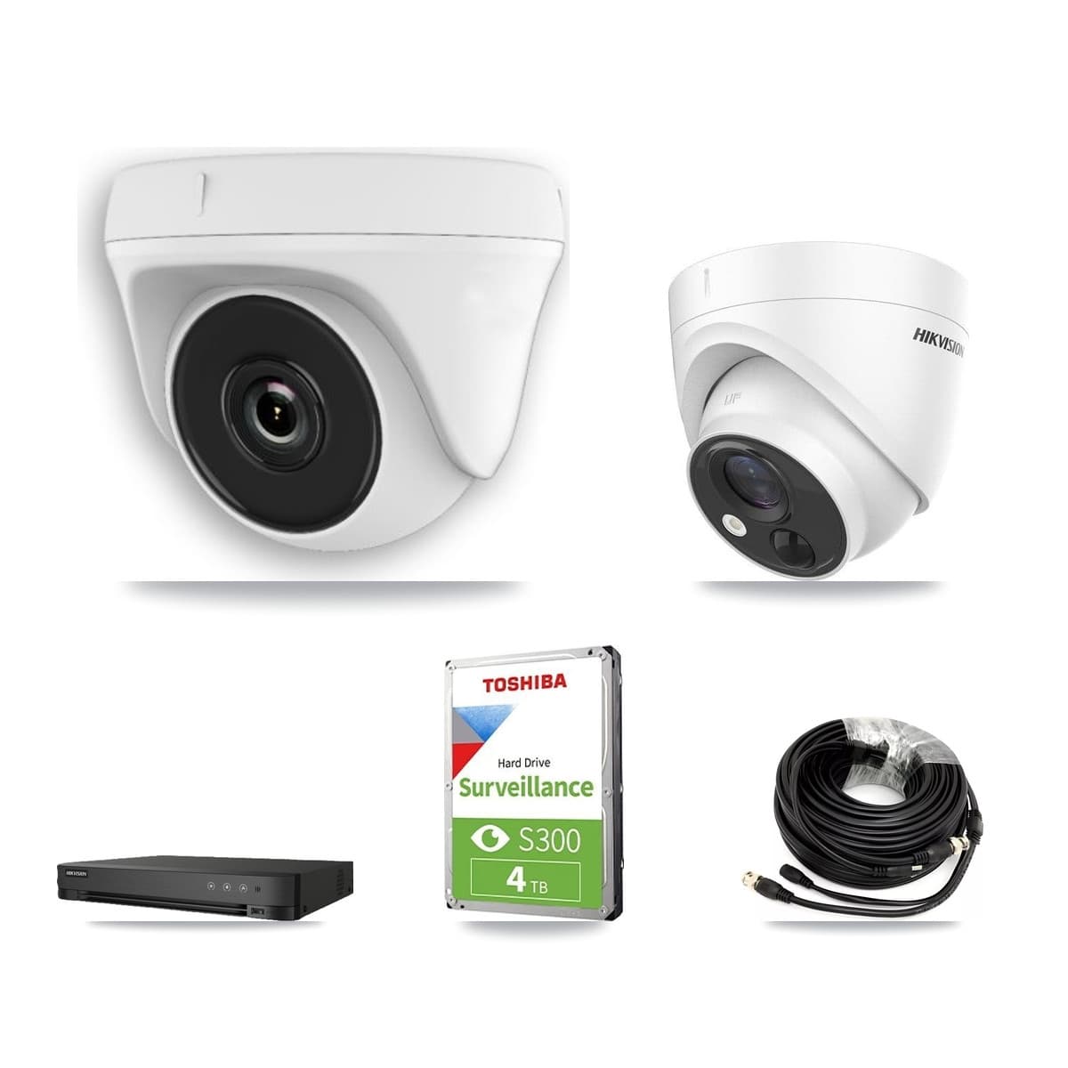 Hikvision 8-Channel 2MP – 5MP CCTV Kit — 1 DS-2CE71H0T 5MP Turret + 4 White HDT-2MP-N20W 2MP Dome Cameras + 4TB Recording (IDS-7208HQHI Recorder) - Image 1