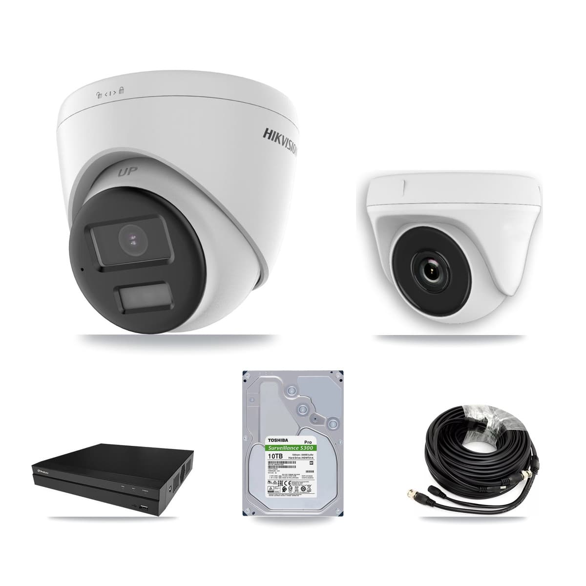 Hikvision & Prolux 8-Channel 2MP – 4K CCTV Kit — 7 DS-2CE78U0T 4K Turret + 1 White HDT-2MP-N20W 2MP Dome Cameras + 2× 10TB Recording
