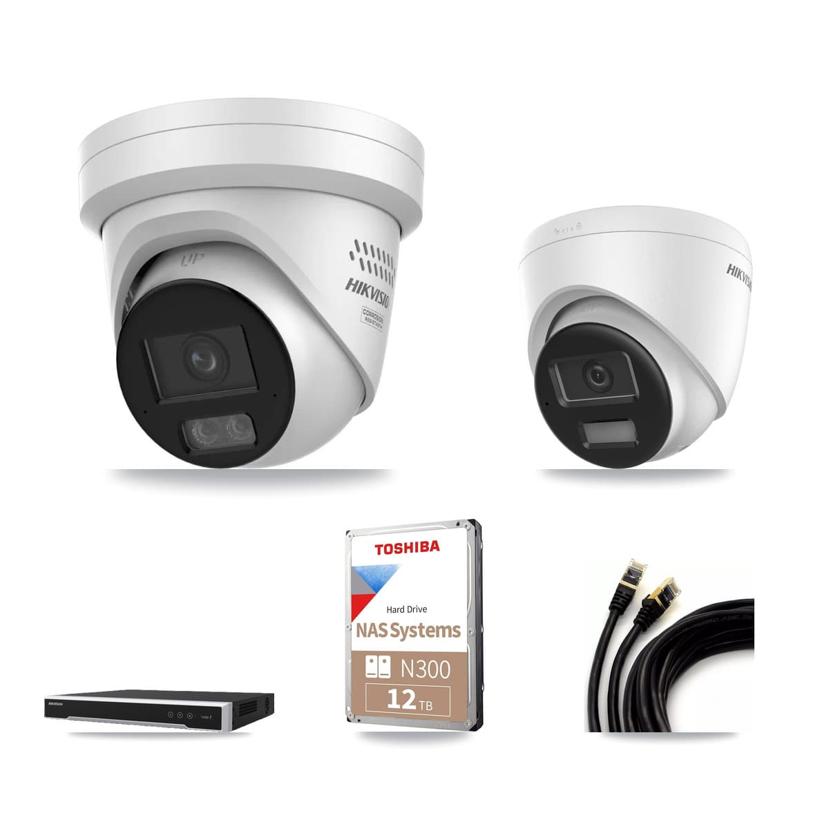 Hikvision 16-Channel 4MP – 4K CCTV Kit — 1 DS-2CD1383G2-LIUF/SL 4K + 15 DS-2CD2347G3-LIS2UY/SL 4MP Turret Cameras + 2× 12TB Recording (DS-7616NI-M2/16P Recorder)