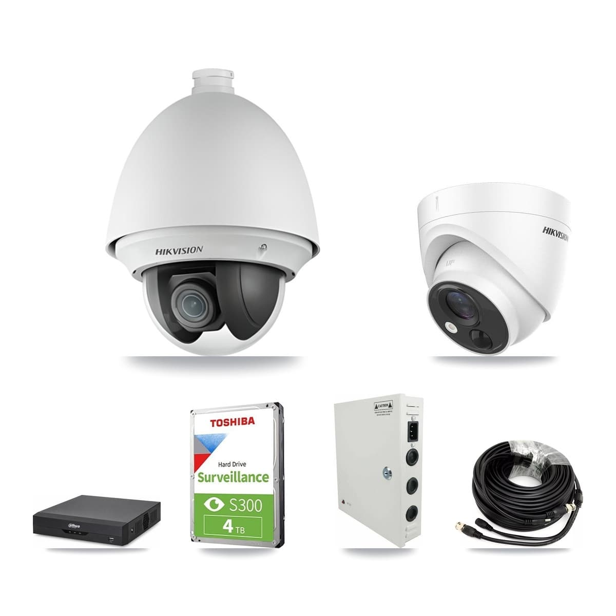 Hikvision & Dahua 4-Channel 2MP – 5MP CCTV Kit — 2 DS-2AE4225T 2MP PTZ + 2 DS-2CE71H0T 5MP Turret Cameras + 4TB Recording - Image 1
