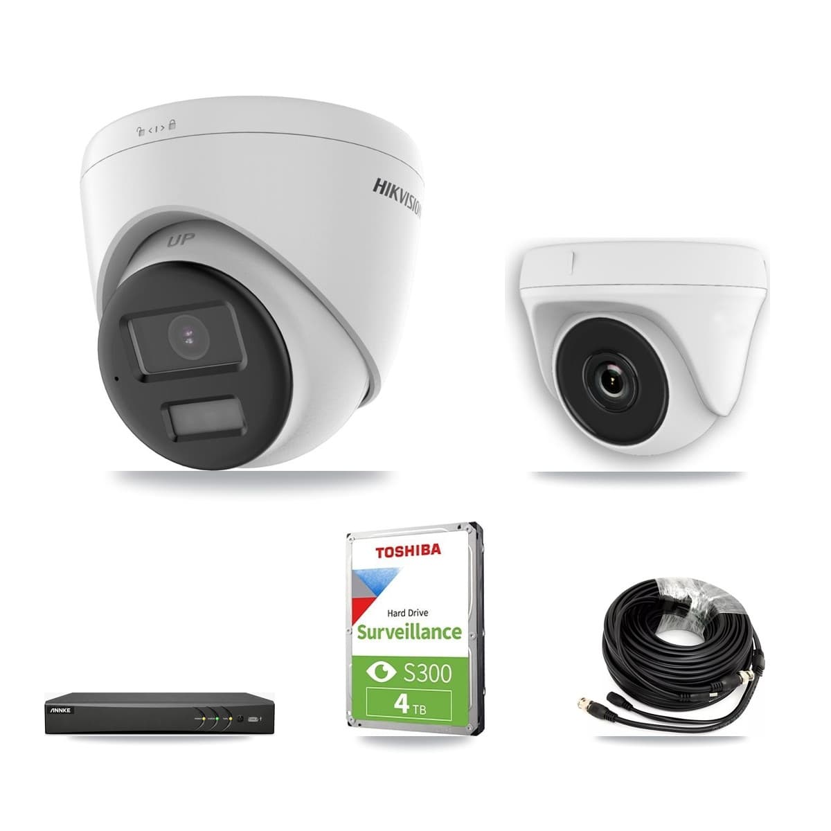 Hikvision & ANNKE 4-Channel 2MP – 4K CCTV Kit — 1 DS-2CE78U0T 4K Turret + 1 White HDT-2MP-N20W 2MP Dome Cameras + 4TB Recording