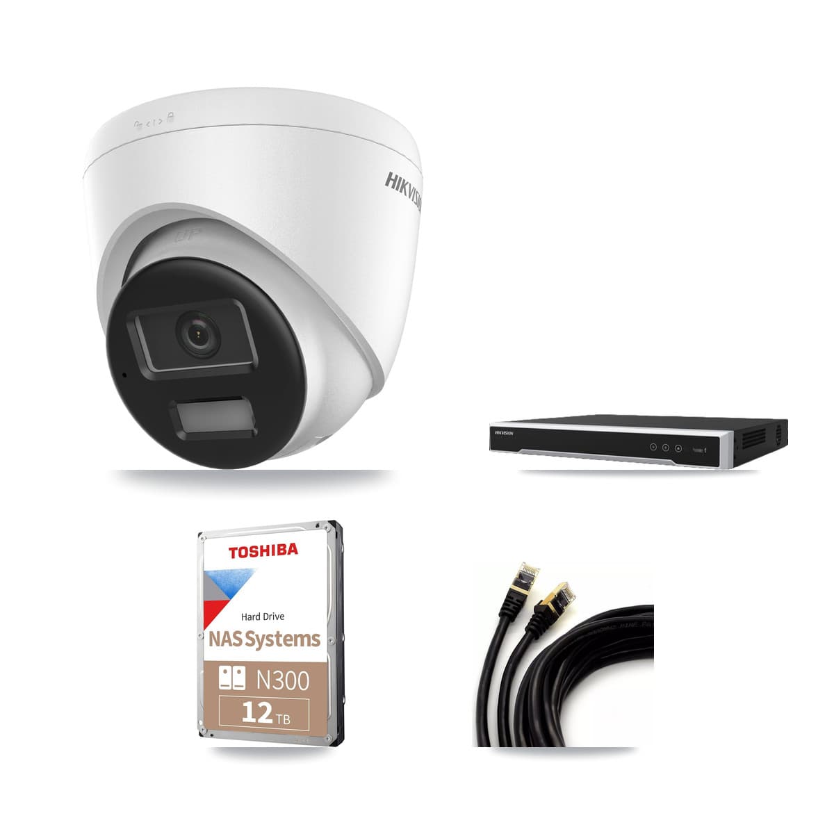 Hikvision 8-Channel 4K CCTV Kit — 8 DS-2CD1383G2-LIU Turret Cameras + 2× 12TB Recording (DS-7608NI-M2/8P Recorder)