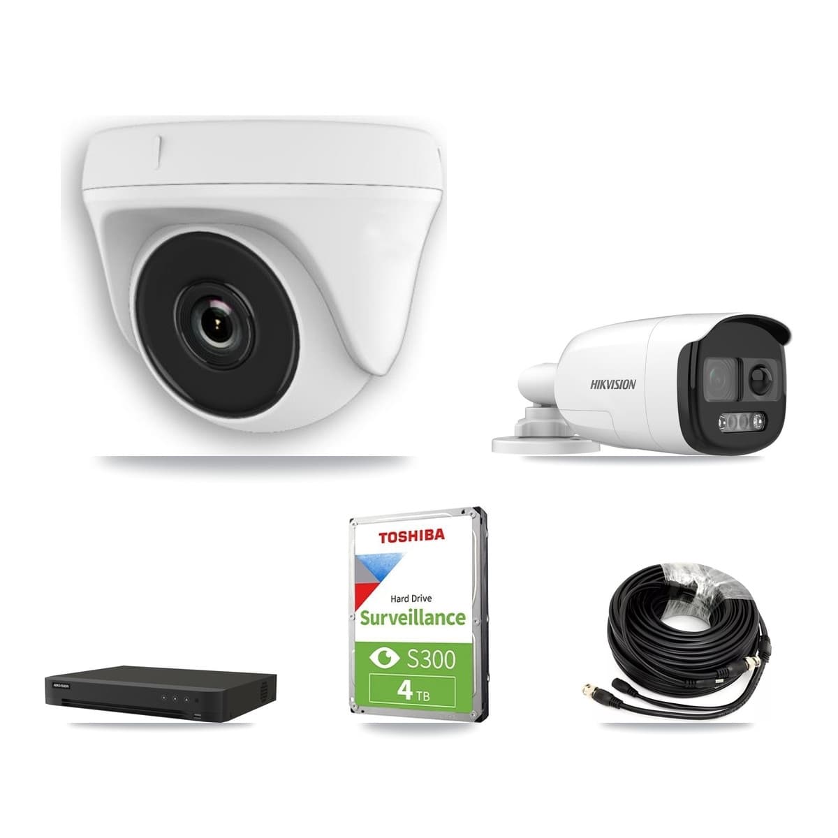 Hikvision 8-Channel 2MP – 5MP CCTV Kit — 1 DS-2CE12KF3T-PIRXO 5MP Bullet + 3 White HDT-2MP-N20W-2.8MM 2MP Dome Cameras + 4TB Recording (IDS-7208HUHI-M1/XT Recorder) - Image 1