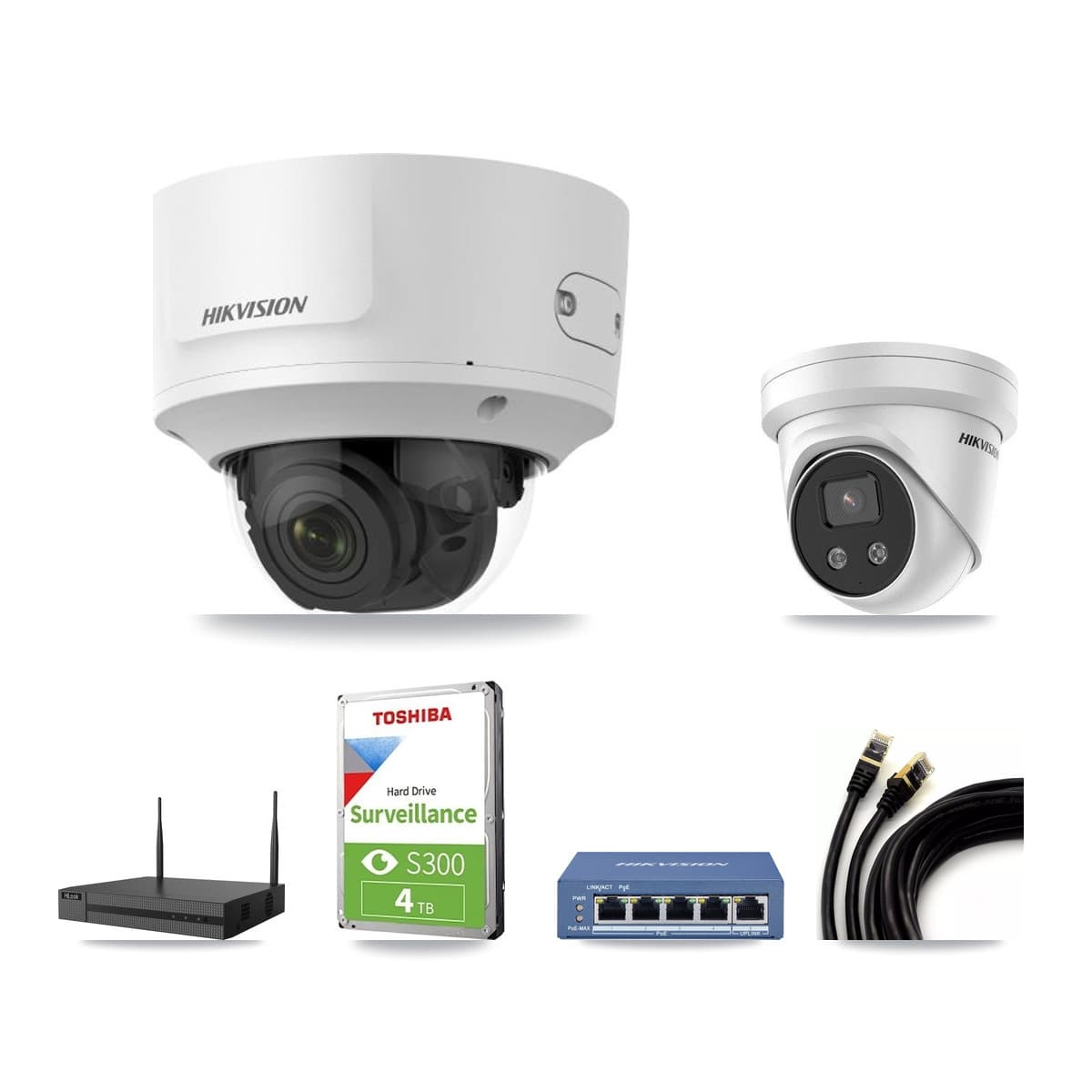 Hikvision & HiLook 4-Channel 2MP – 5MP CCTV Kit — 2 2MP Dome + 2 5MP Turret Cameras + 4TB Recording