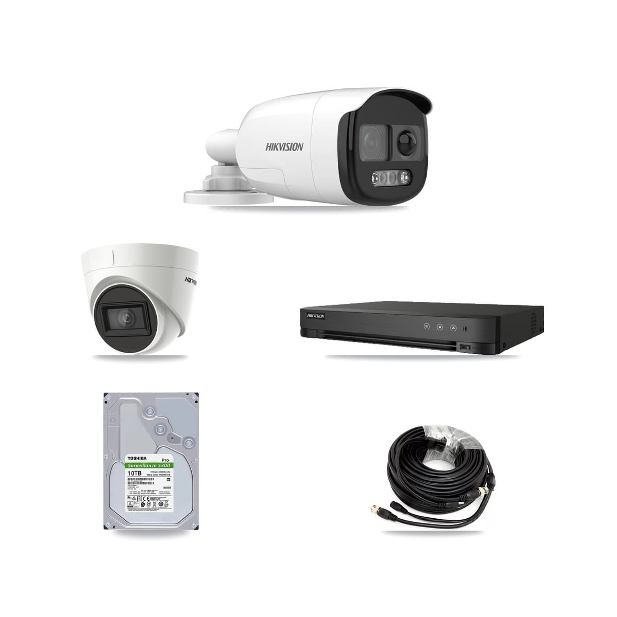 Hikvision 8-Channel 5MP – 4K CCTV Kit — 6 DS-2CE12KF3T-PIRXO 5MP Bullet + 1 DS-2CE78U1T-IT3F 4K Turret Cameras + 10TB Recording (IDS-7208HUHI-M1/E Recorder) - Image 1