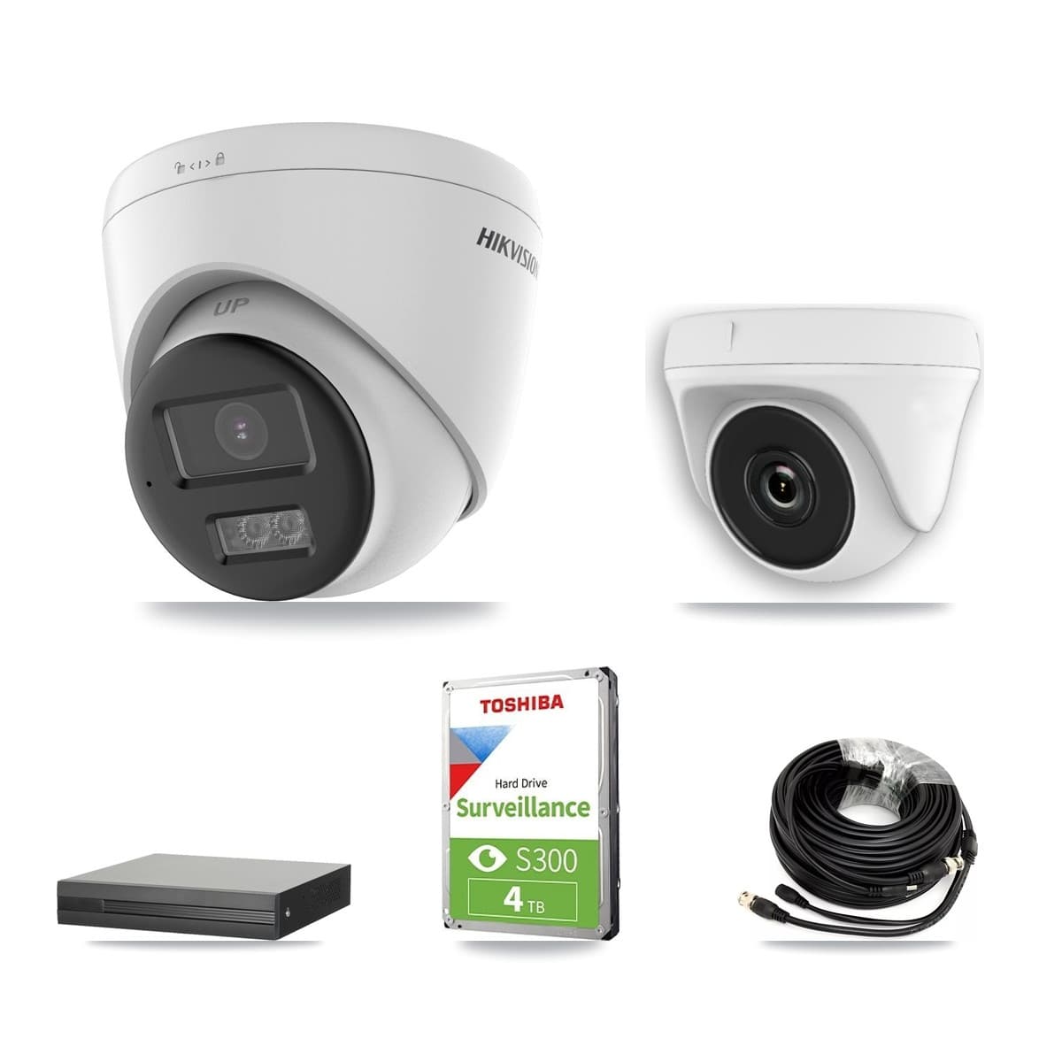 Hikvision 4-Channel 2MP – 5MP CCTV Kit — 2 DS-2CE78K0T-LTS 5MP Turret + 1 White HDT-2MP-N20W-2.8MM 2MP Dome Cameras + 4TB Recording (XVR-3104HS-5MP-LITE Recorder)