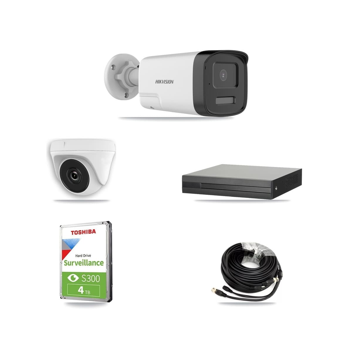 Hikvision 4-Channel 2MP – 5MP CCTV Kit — 2 DS-2CE17K0T 5MP Bullet + 1 White HDT-2MP-N20W 2MP Dome Cameras + 4TB Recording (XVR-3104HS Recorder)