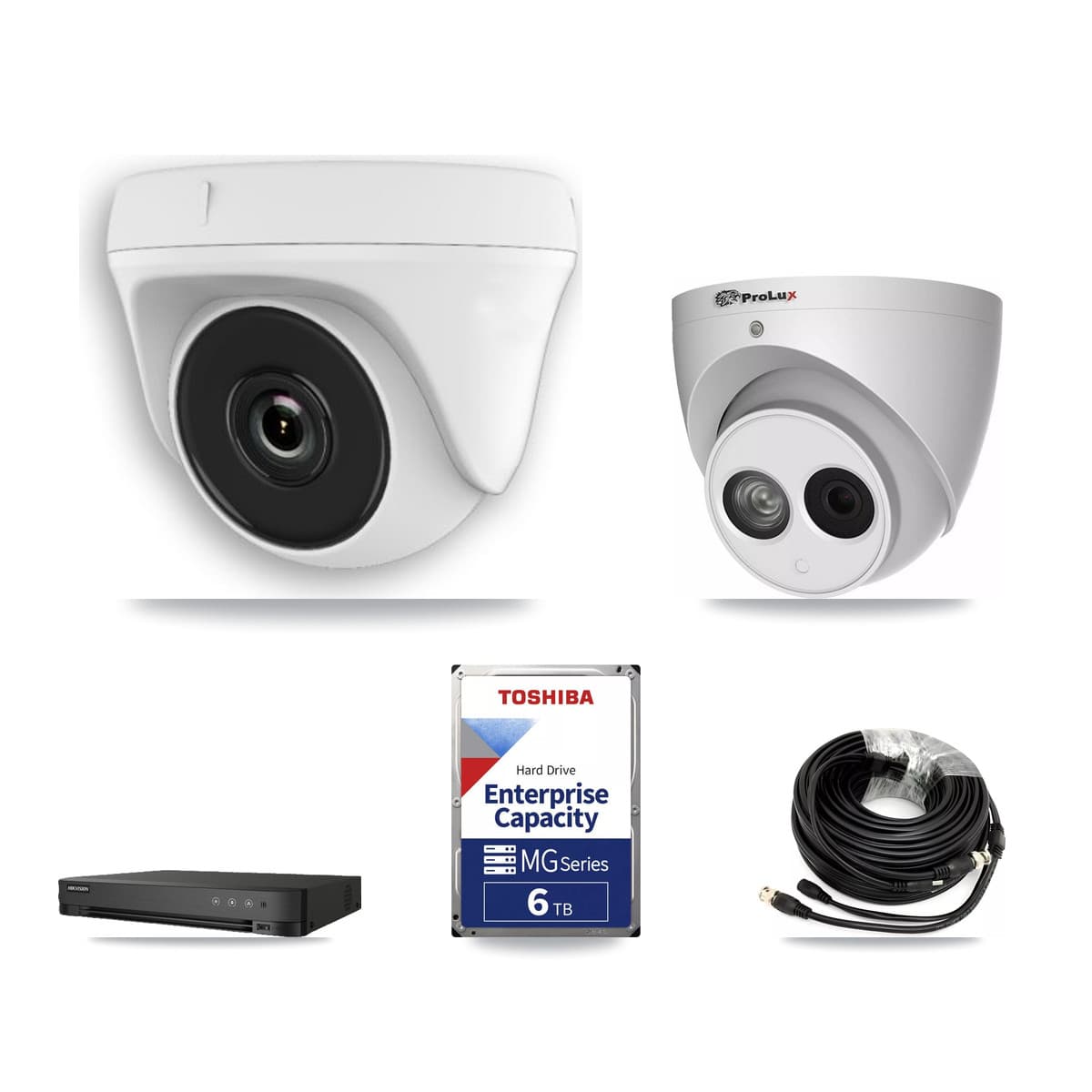 Prolux & Hikvision 8-Channel 2MP – 4MP CCTV Kit — 7 White HDT-2MP-N20W-2.8MM 2MP Dome + 1 PXC-612C4W-A-POC 4MP Turret Cameras + 6TB Recording (IDS-7208HUHI-M1/E Recorder) - Image 1