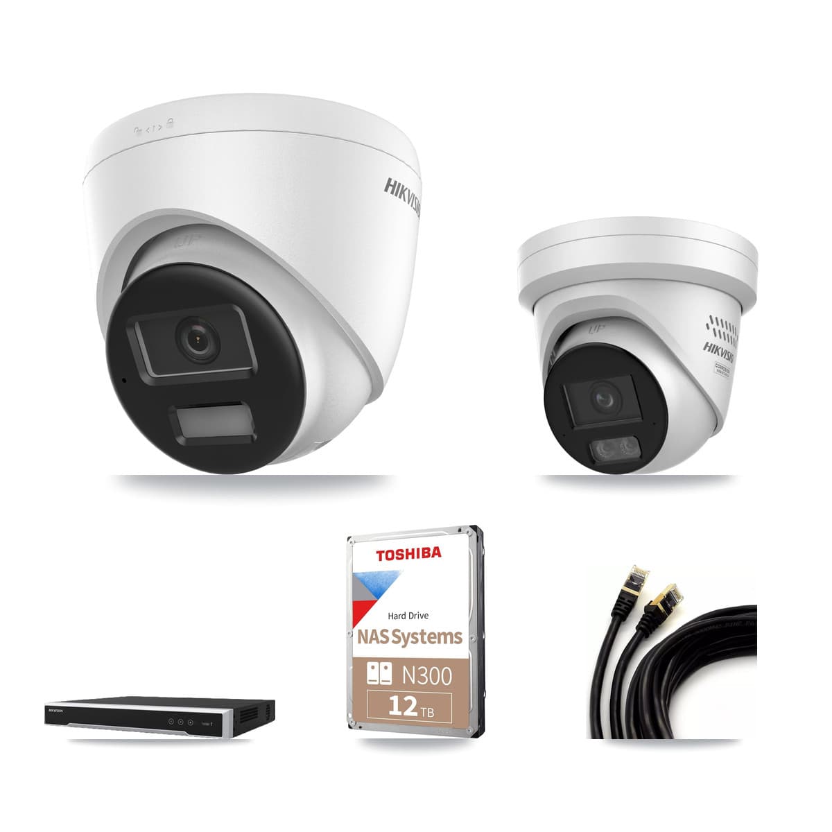 Hikvision 16-Channel 4MP – 4K CCTV Kit — 6 DS-2CD1383G2-LIU 4K + 6 DS-2CD2347G3-LIS2UY/SL 4MP Turret Cameras + 2× 12TB Recording (DS-7616NI-M2/16P Recorder)