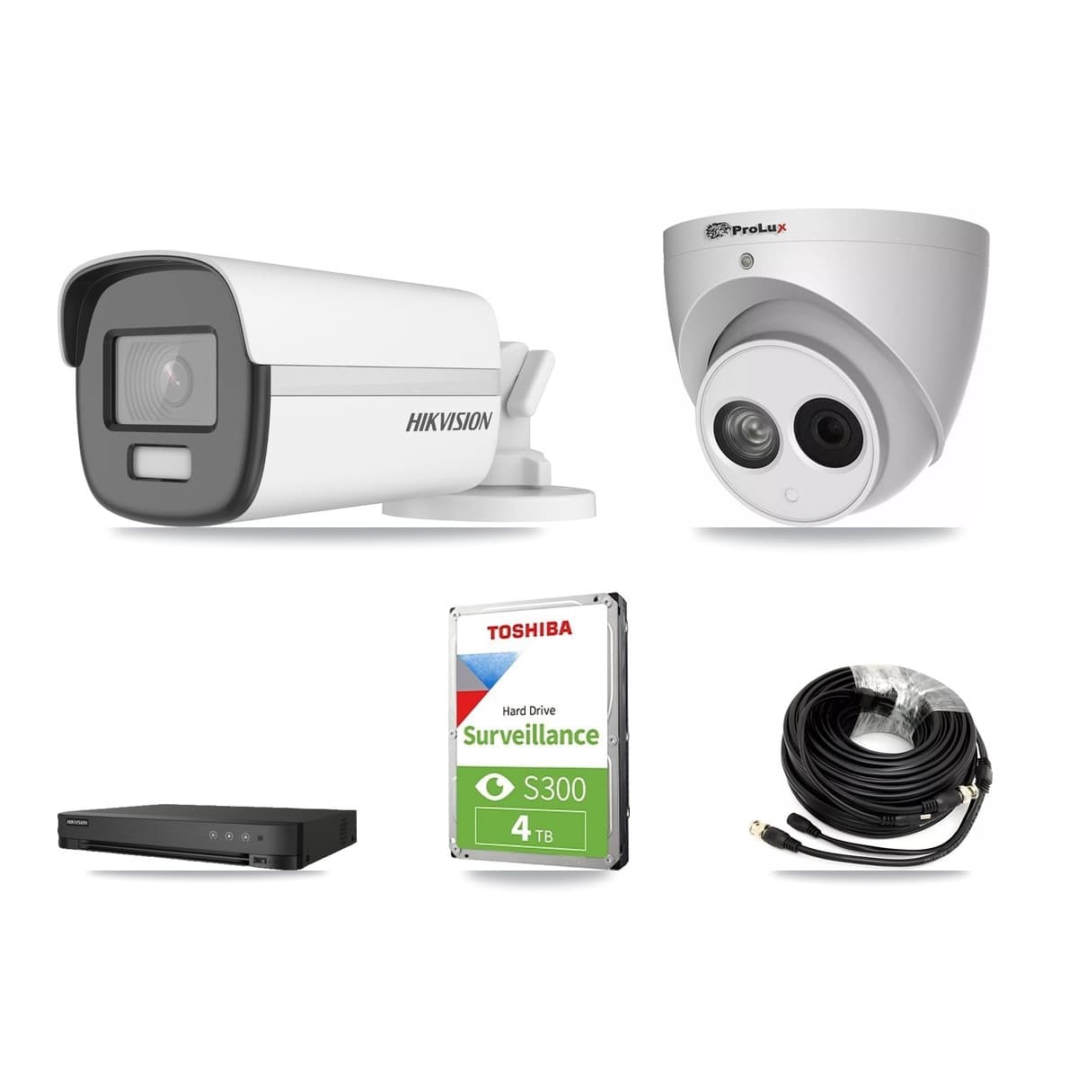 Hikvision & Prolux 8-Channel 4MP – 4K CCTV Kit — 1 DS-2CE12UF3T-E 4K Bullet + 1 PXC-612C4W-A-POC 4MP Turret Cameras + 4TB Recording (IDS-7208HUHI-M1/E Recorder) - Image 1