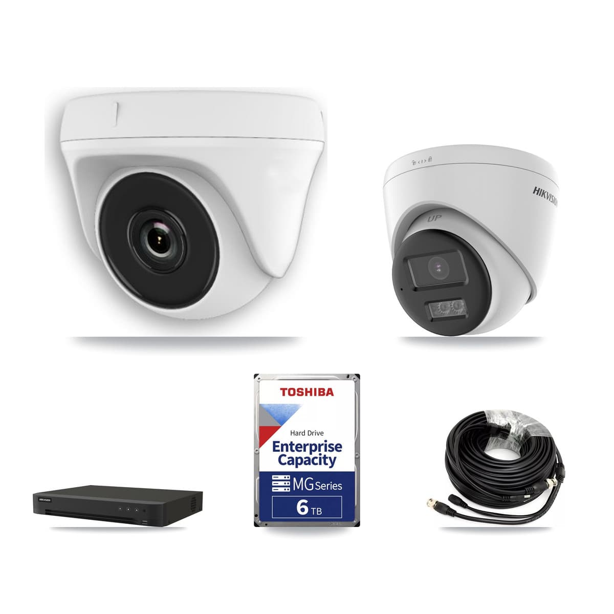 Hikvision 16-Channel 2MP – 5MP CCTV Kit — 1 DS-2CE78K0T-LTS 5MP Turret + 7 White HDT-2MP-N20W-2.8MM 2MP Dome Cameras + 6TB Recording (IDS-7216HQHI-M1/XT Recorder) - Image 1