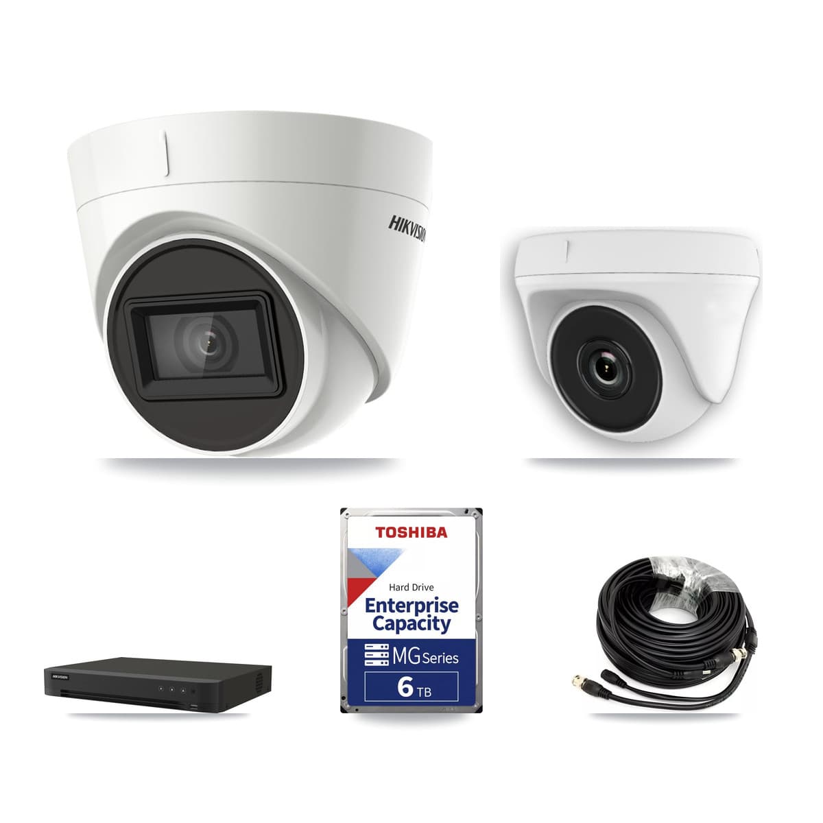 Hikvision 8-Channel 2MP – 4K CCTV Kit — 2 DS-2CE78U1T-IT3F 4K Turret + 1 White HDT-2MP-N20W-2.8MM 2MP Dome Cameras + 6TB Recording (IDS-7208HUHI-M1/XT Recorder) - Image 1