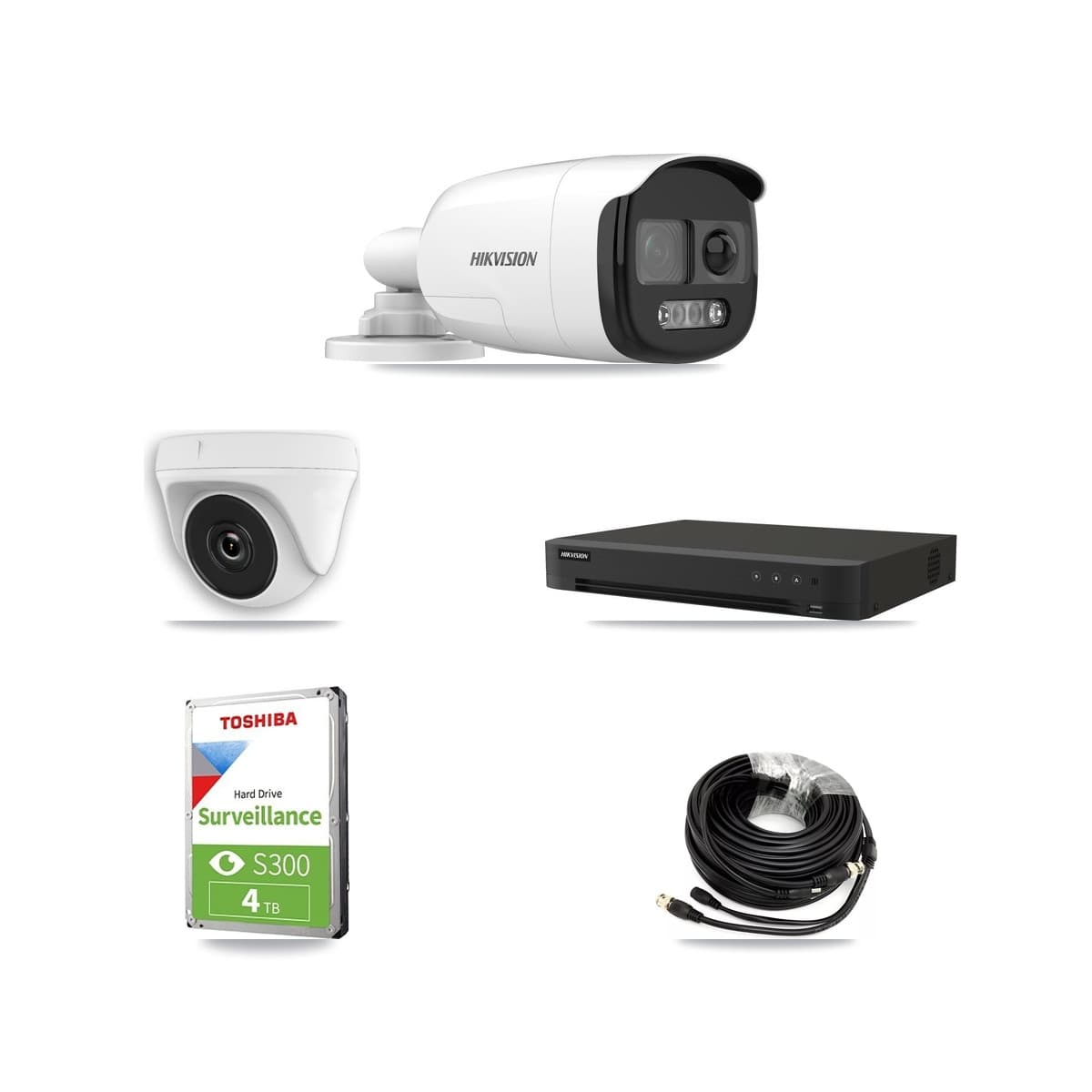 Hikvision 8-Channel 2MP – 5MP CCTV Kit — 2 DS-2CE12KF3T-PIRXO 5MP Bullet + 2 White HDT-2MP-N20W-2.8MM 2MP Dome Cameras + 4TB Recording (IDS-7208HUHI-M1/XT Recorder) - Image 1
