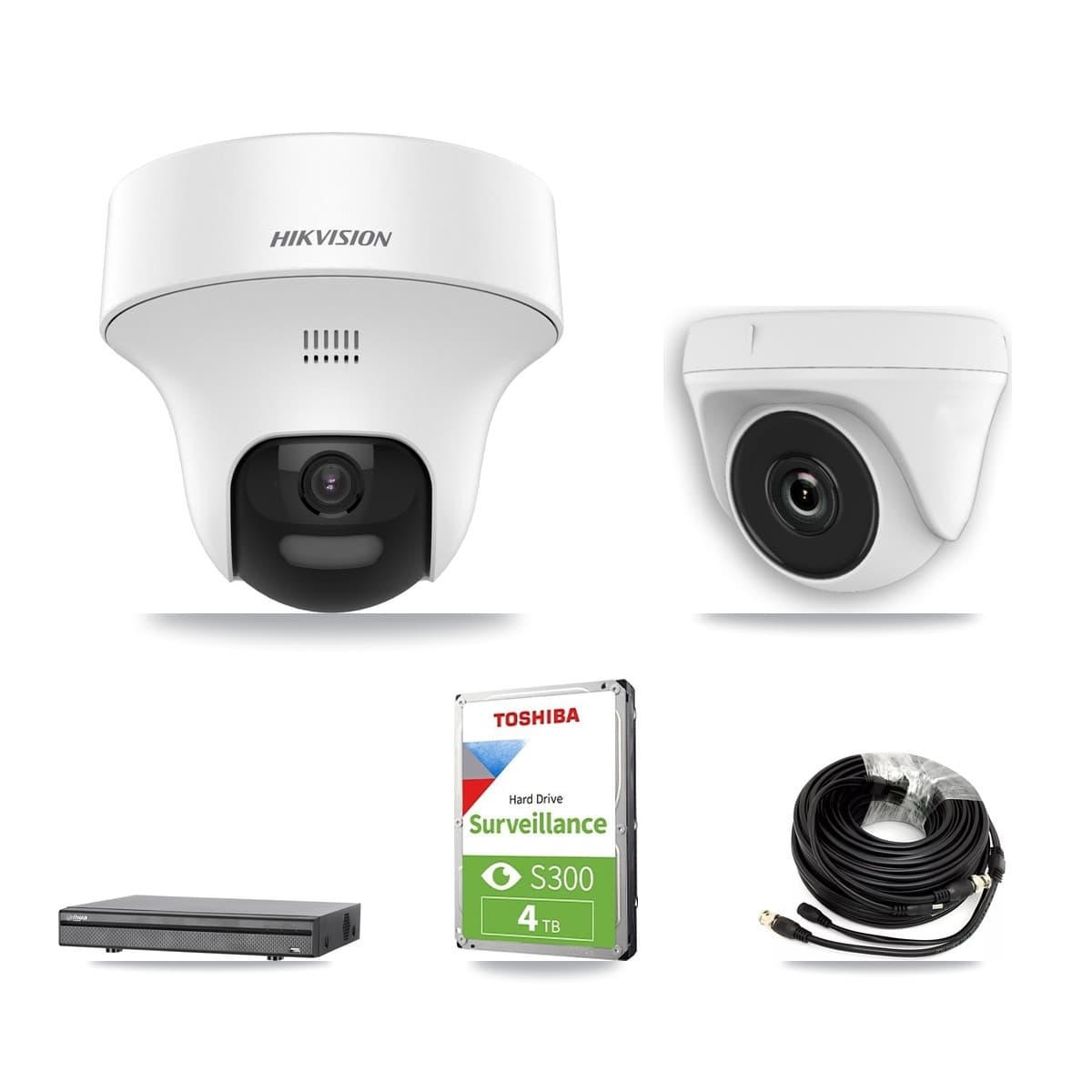 Hikvision & Dahua 8-Channel 2MP – 5MP CCTV Kit — 2 DS-2CE70K0T 5MP Turret + 2 White HDT-2MP-N20W 2MP Dome Cameras + 4TB Recording (DH-XVR5108H Recorder) - Image 1