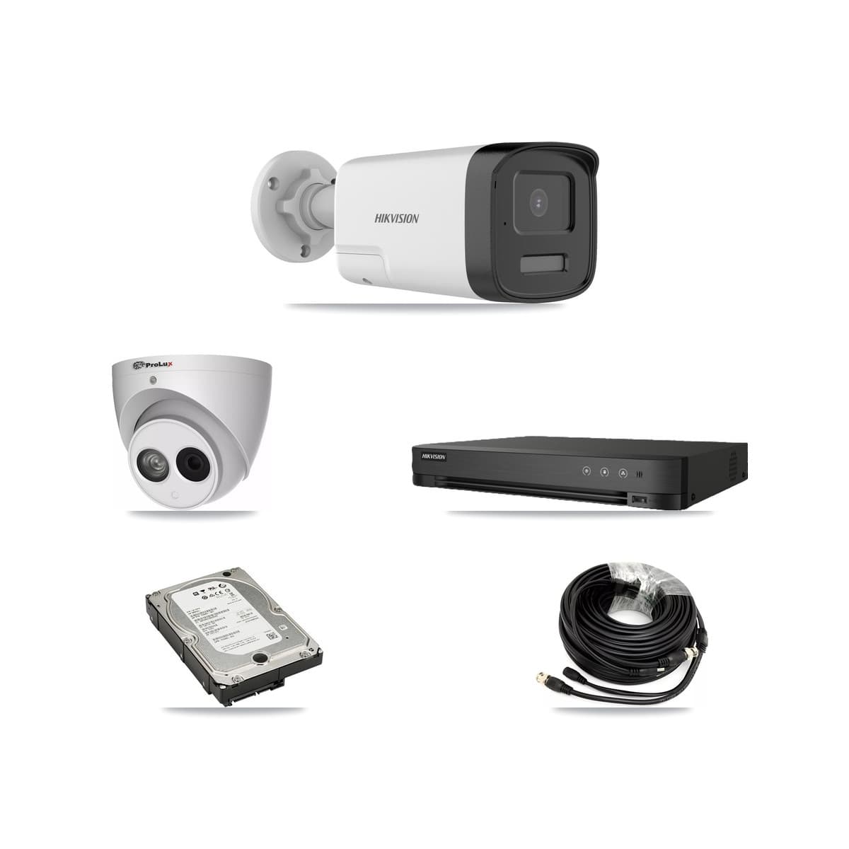 Hikvision & Prolux 8-Channel 4MP – 5MP CCTV Kit — 3 DS-2CE17K0T 5MP Bullet + 1 PXC-612C4W-A 4MP Turret Cameras + 5TB Recording (IDS-7208HQHI Recorder) - Image 1