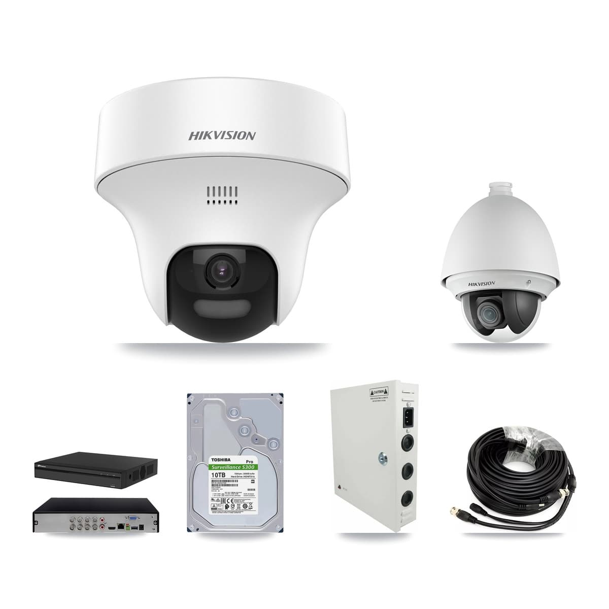 Hikvision & Prolux 8-Channel 2MP – 5MP CCTV Kit — 1 DS-2AE4225T 2MP PTZ + 7 DS-2CE70K0T 5MP Turret Cameras + 10TB Recording (PXD-5108HS Recorder) - Image 1