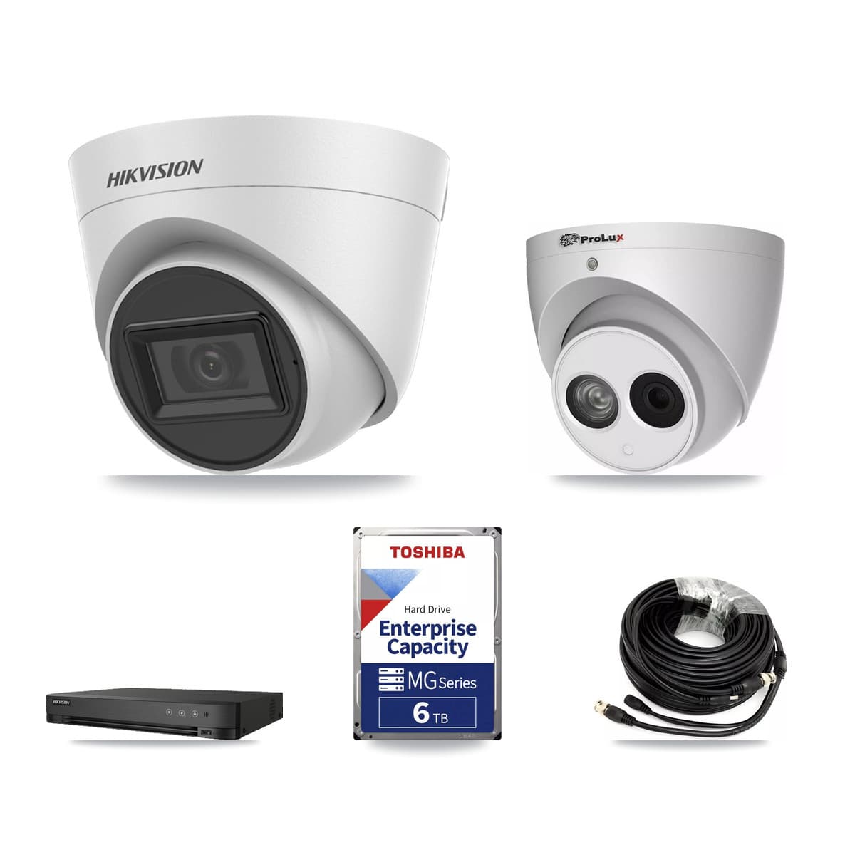 Hikvision & Prolux 8-Channel 4MP – 5MP CCTV Kit — 4 White 5MP + 1 4MP Turret Cameras + 6TB Recording (IDS-7208HQHI Recorder)