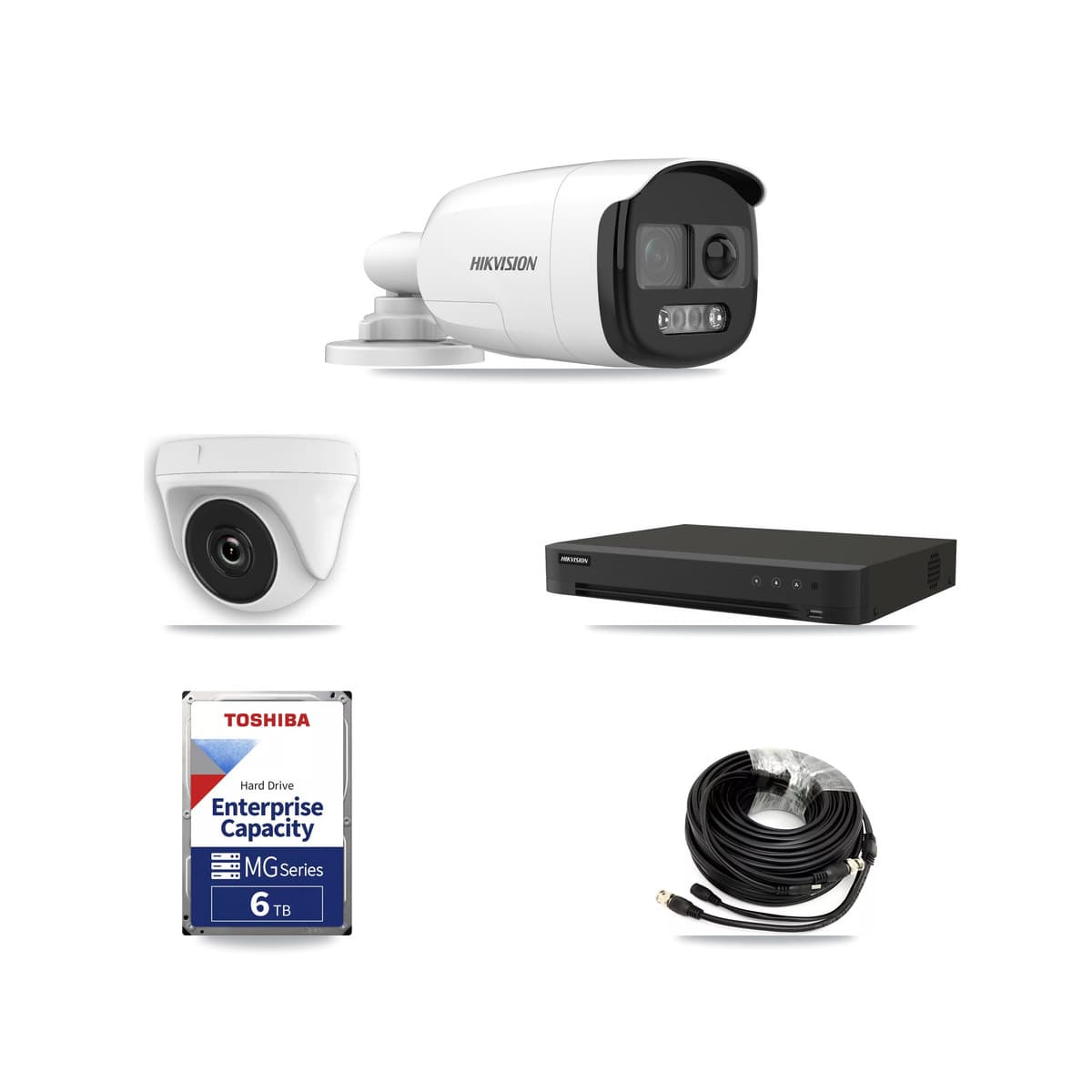 Hikvision 8-Channel 2MP – 5MP CCTV Kit — 4 DS-2CE12KF3T-PIRXO 5MP Bullet + 1 White HDT-2MP-N20W-2.8MM 2MP Dome Cameras + 6TB Recording (IDS-7208HUHI-M1/XT Recorder) - Image 1