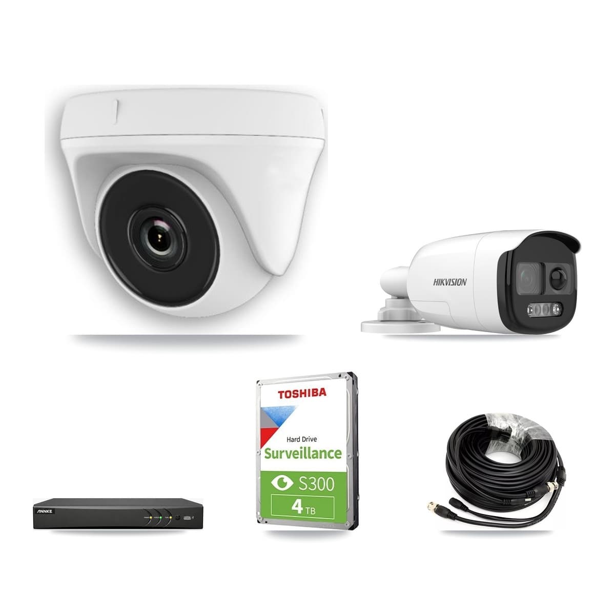 Hikvision & ANNKE 4-Channel 2MP – 5MP CCTV Kit — 1 DS-2CE12KF3T 5MP Bullet + 3 White HDT-2MP-N20W 2MP Dome Cameras + 4TB Recording - Image 1
