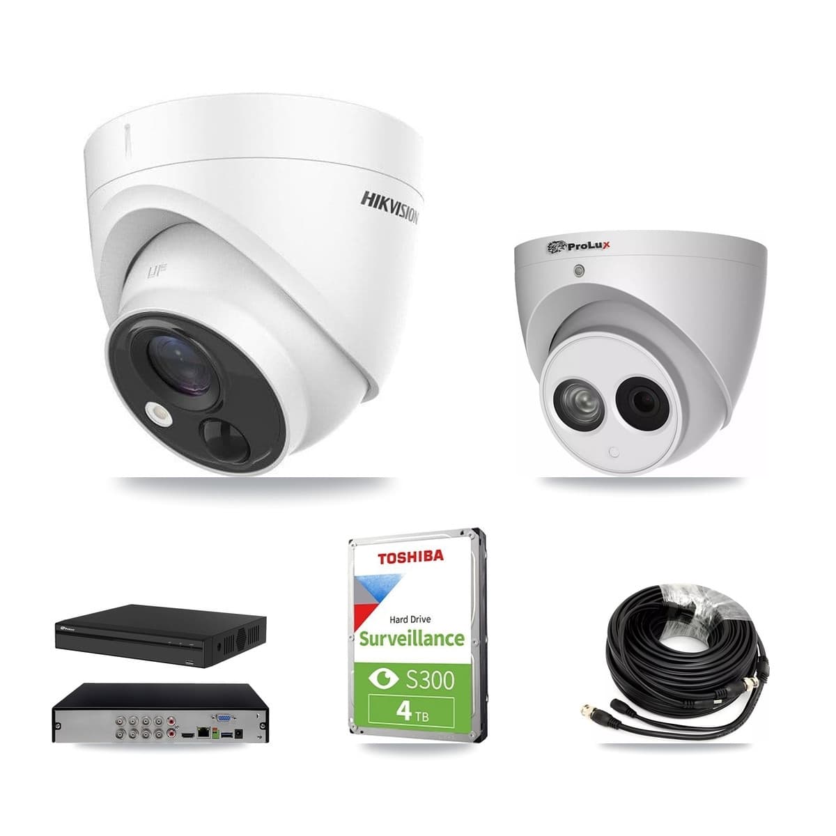 Hikvision & Prolux 8-Channel 4MP – 5MP CCTV Kit — 1 DS-2CE71H0T 5MP + 1 PXC-612C4W-A 4MP Turret Cameras + 4TB Recording (PXD-5108HS Recorder) - Image 1