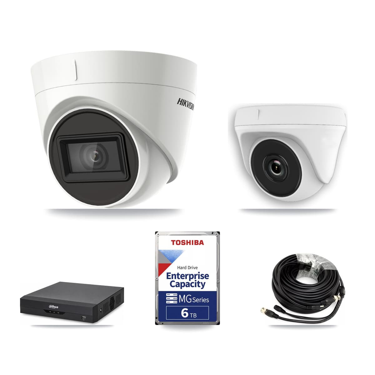 Hikvision & Dahua 4-Channel 2MP – 4K CCTV Kit — 2 DS-2CE78U1T 4K Turret + 2 White HDT-2MP-N20W 2MP Dome Cameras + 6TB Recording - Image 1