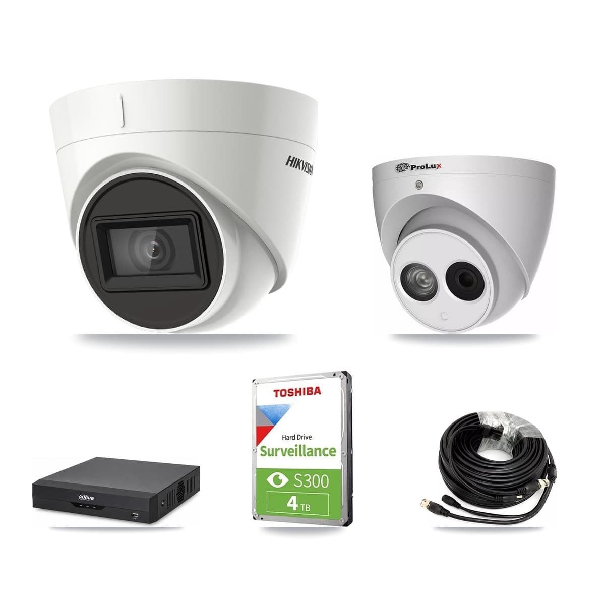 4-Channel 4MP – 4K CCTV Kit — 1 DS-2CE78U1T 4K + 1 PXC-612C4W-A 4MP Turret Cameras + 4TB Recording (DH-XVR5104HS Recorder)